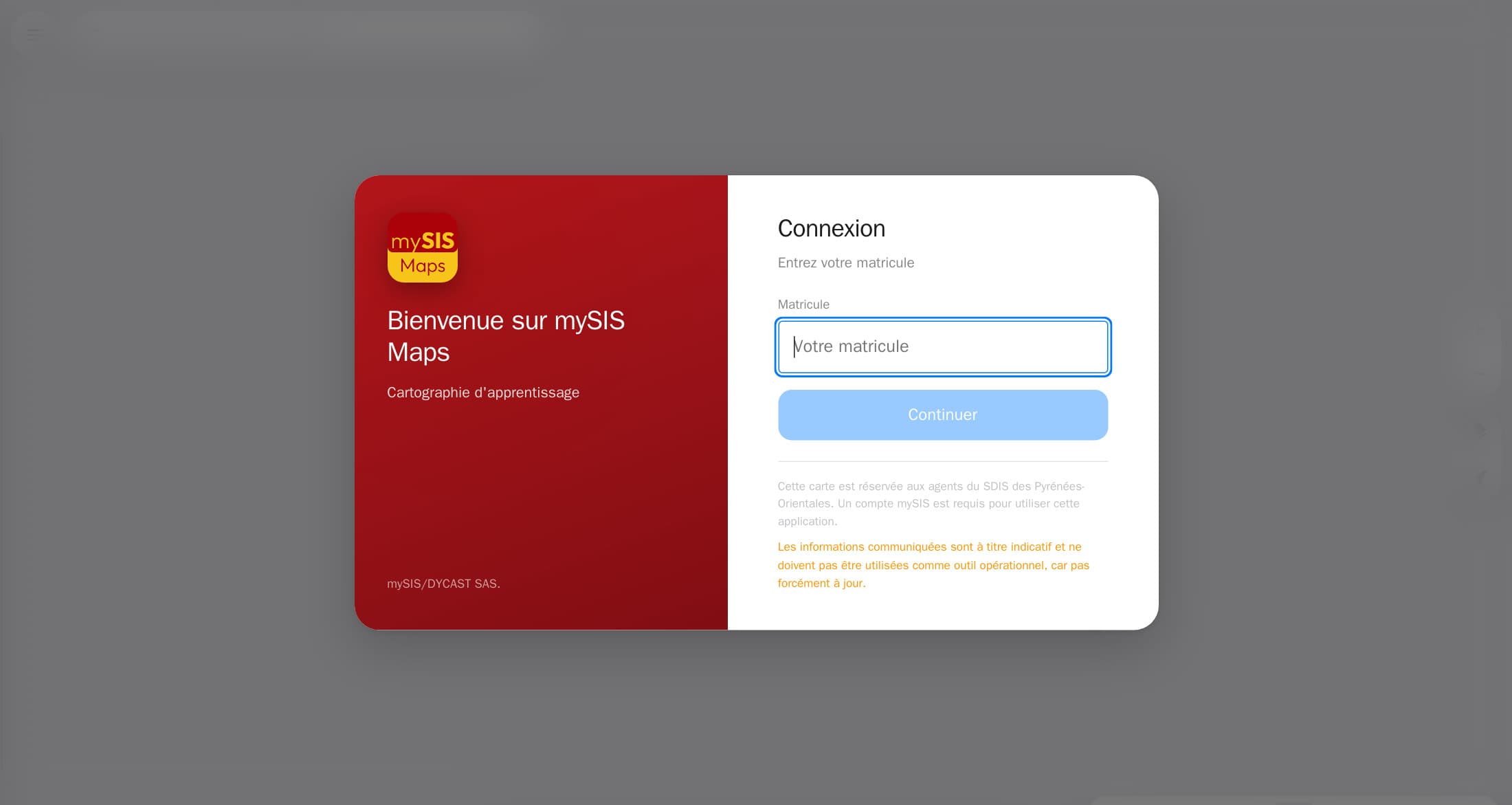Écran d’accueil de mySIS Maps : « Bienvenue sur mySIS Maps — Cartographie d’apprentissage », connexion par matricule