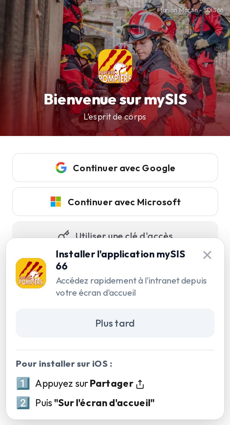Connexion à mySIS 66 sur mobile, avec l’invitation à installer l’application sur l’écran d’accueil