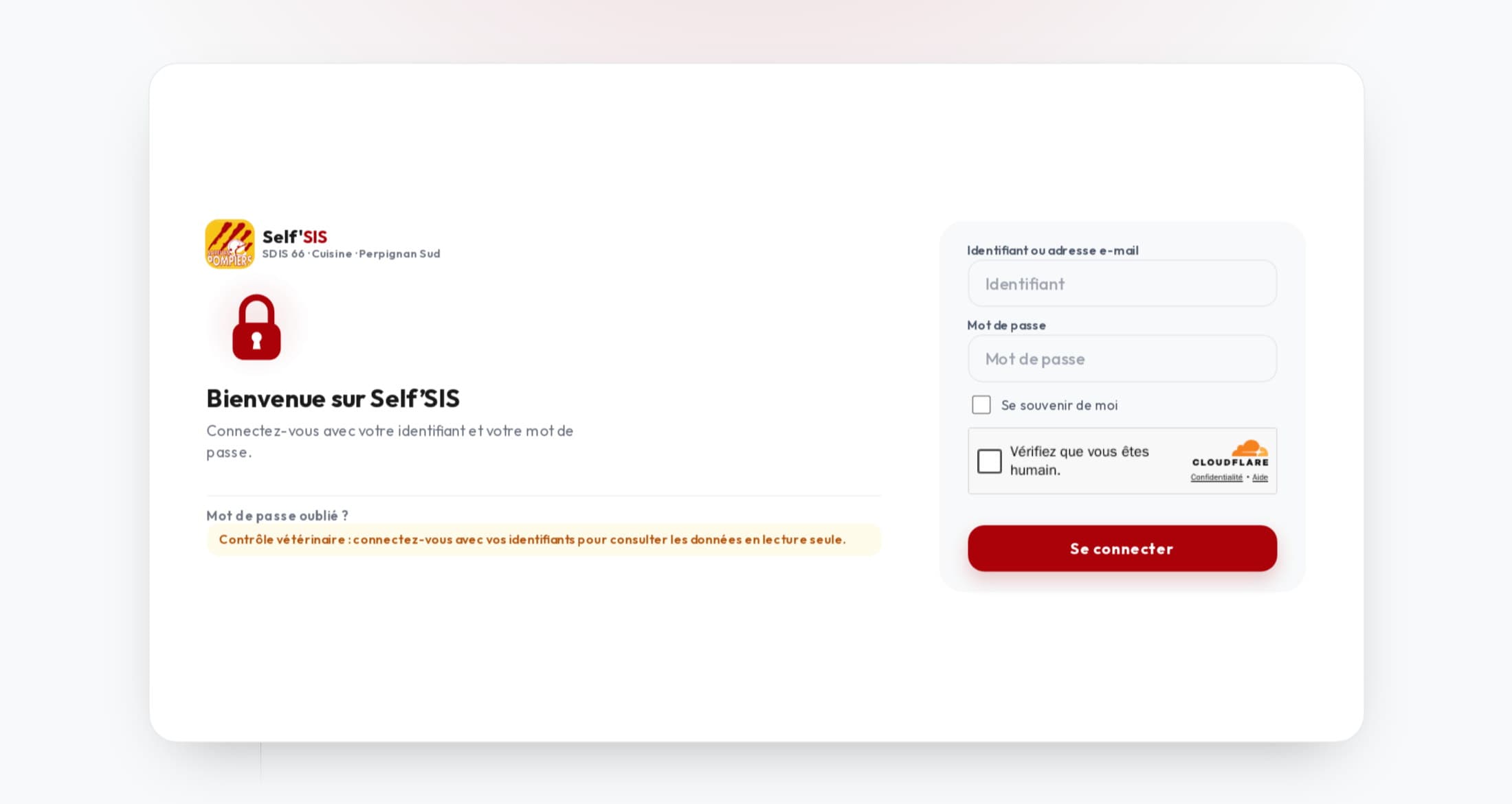 Page de connexion de Self’SIS, la restauration du SDIS 66 – Cuisine Perpignan Sud