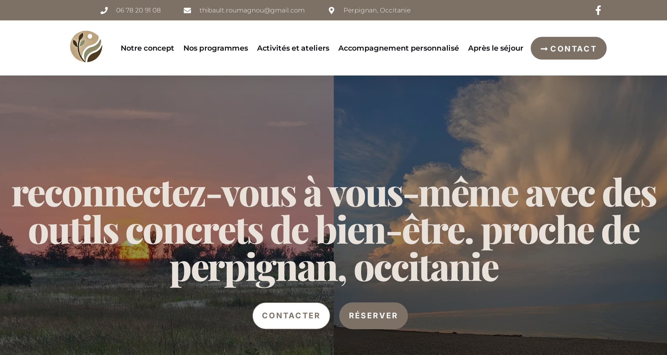 Ancien accueil WordPress Elementor : barre de coordonnées brune, menu de six entrées et titre en capitales grasses centré sur deux photos juxtaposées