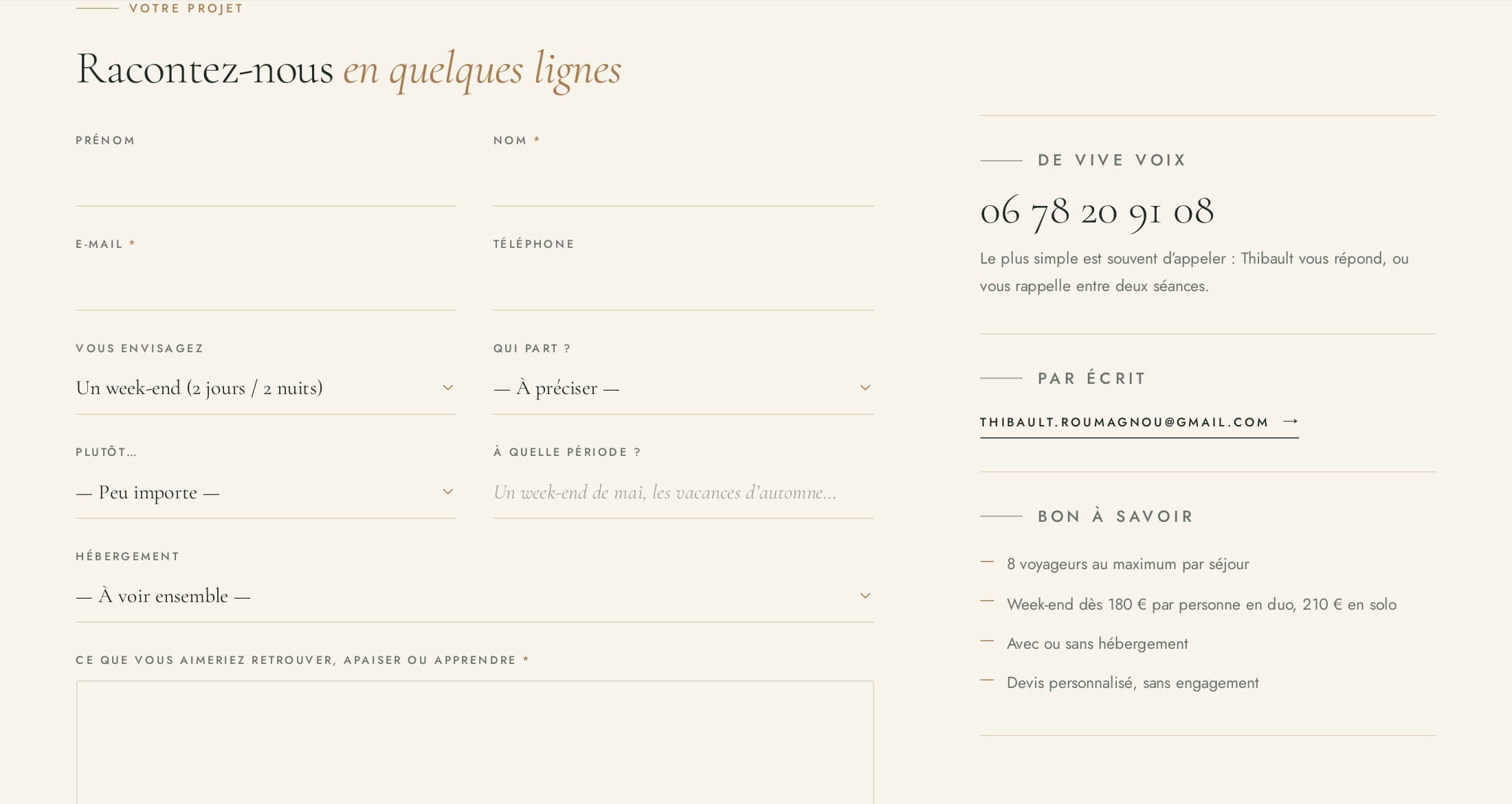 Nouvelle page Contact : formulaire « Racontez-nous en quelques lignes » aux champs soulignés — formule, voyageurs, lieu, période, hébergement — et colonne De vive voix avec le téléphone en grand
