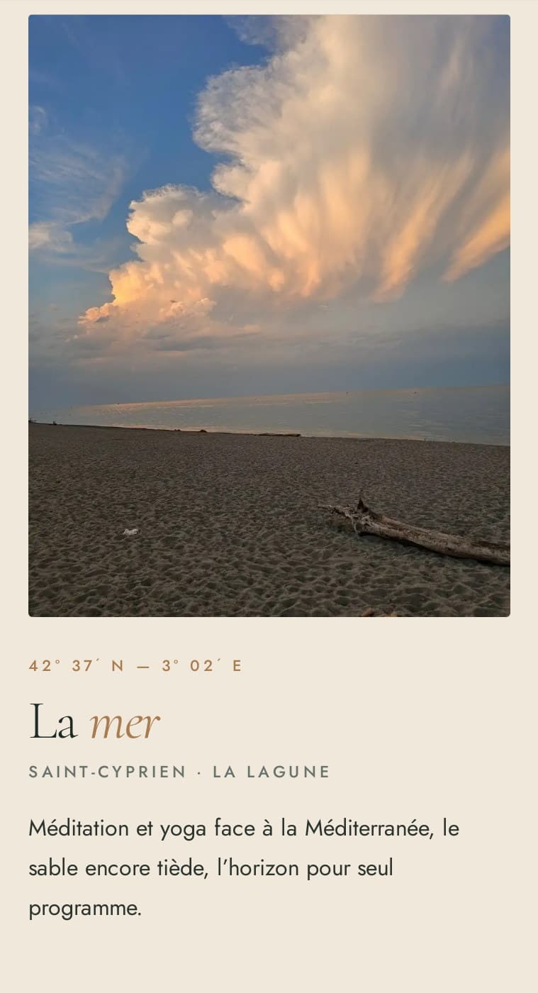 Volet « La mer » sur mobile : nuage d’orage au couchant, coordonnées 42° 37′ N, Saint-Cyprien · La Lagune