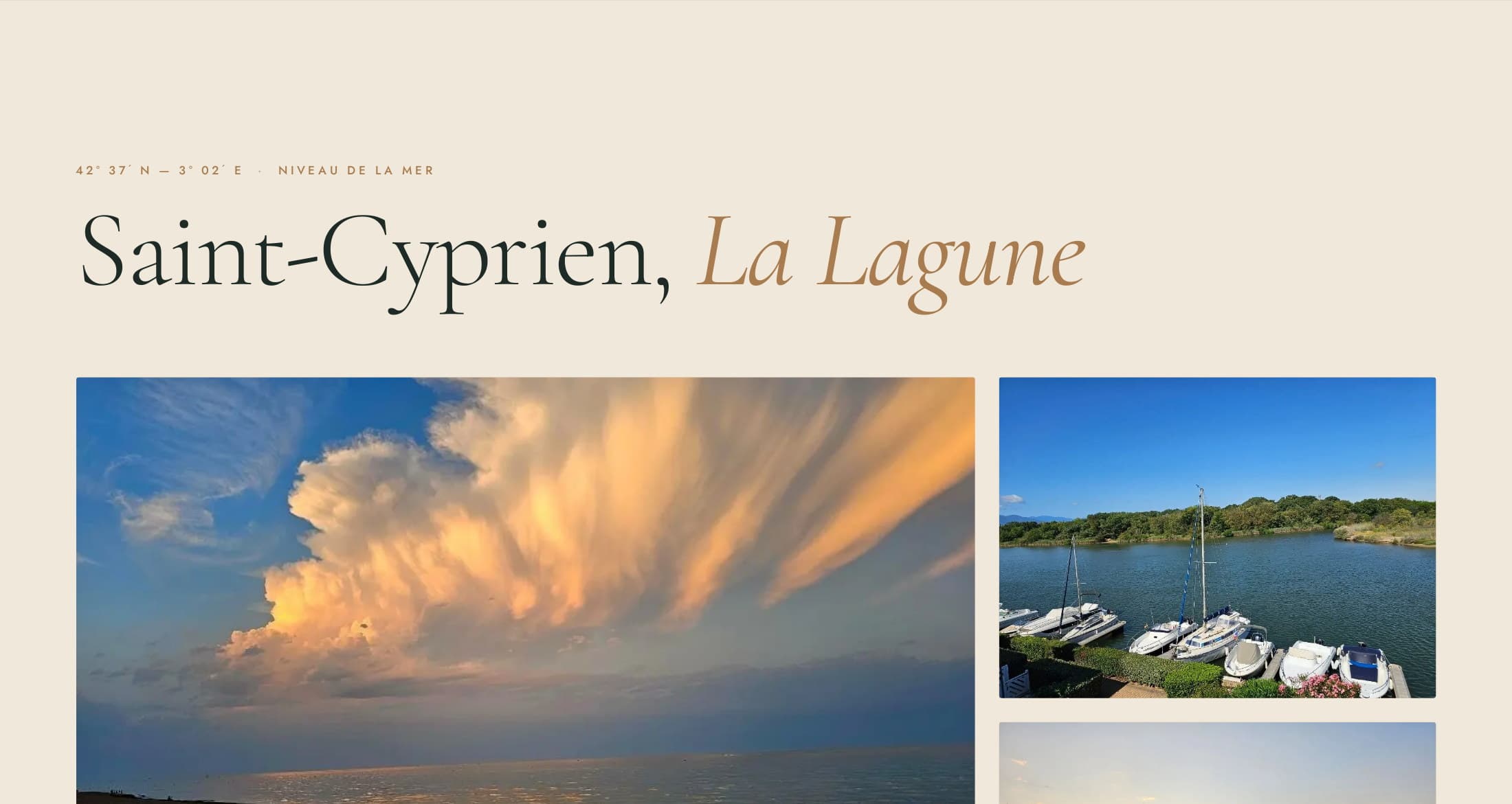 Page Les lieux : « Saint-Cyprien, La Lagune », coordonnées GPS, grand nuage d’orage doré au-dessus de la plage et voiliers sur la lagune — photos du client