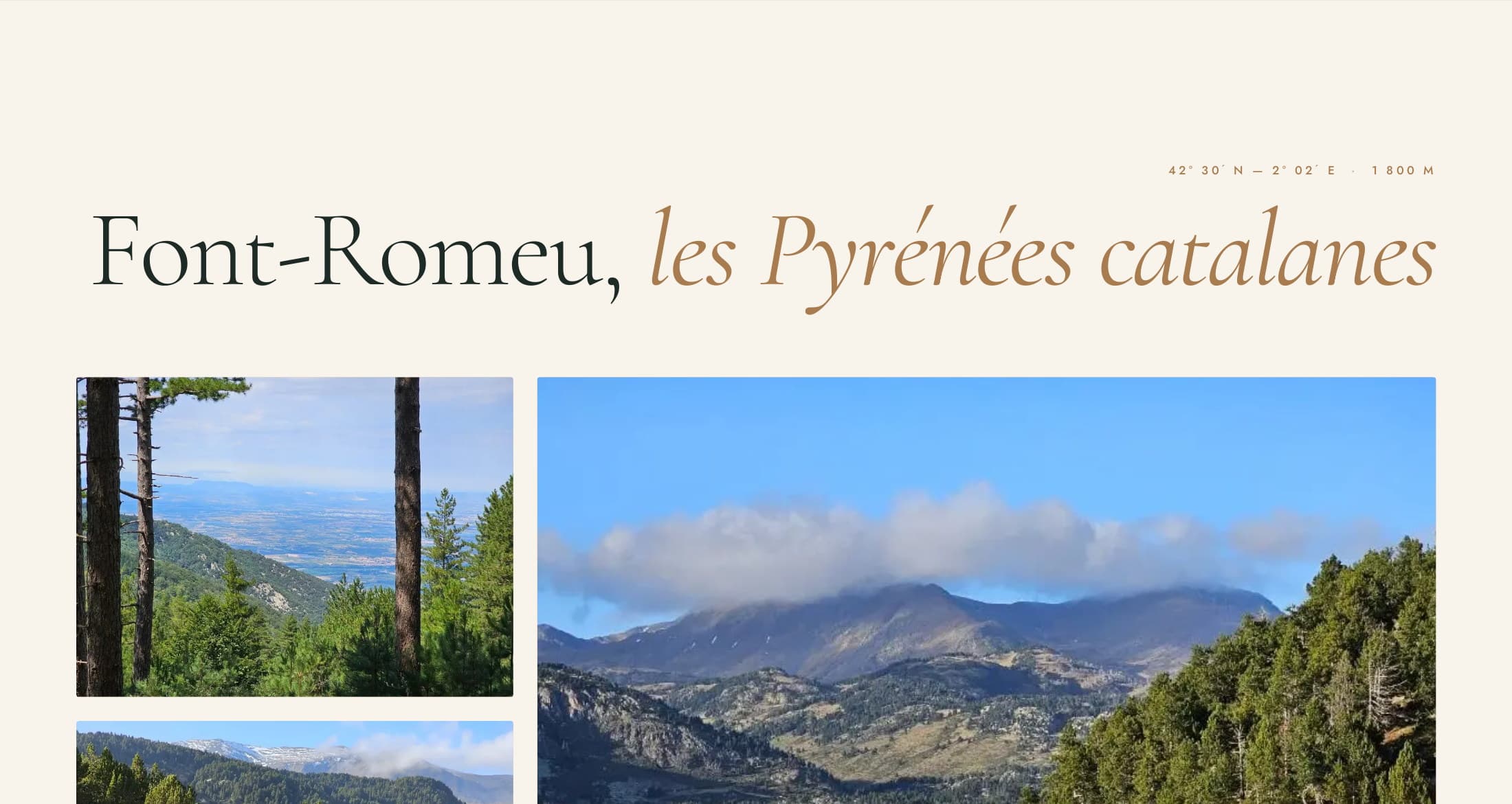 Page Les lieux : « Font-Romeu, les Pyrénées catalanes », 1 800 m, lac de Cerdagne, plaine du Roussillon vue entre les pins et ruisseau d’altitude
