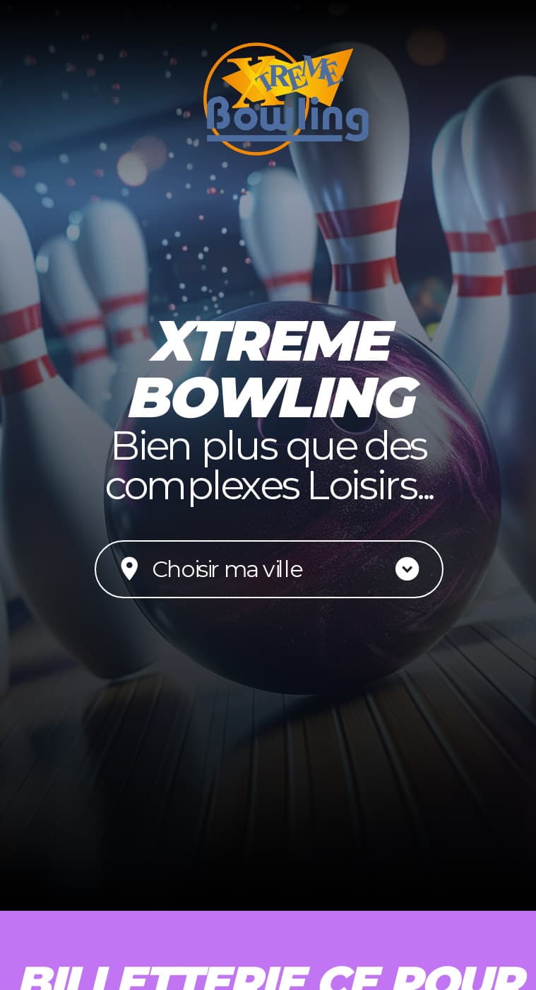 Ancien accueil WordPress sur mobile : titre Xtreme Bowling et sélecteur de ville