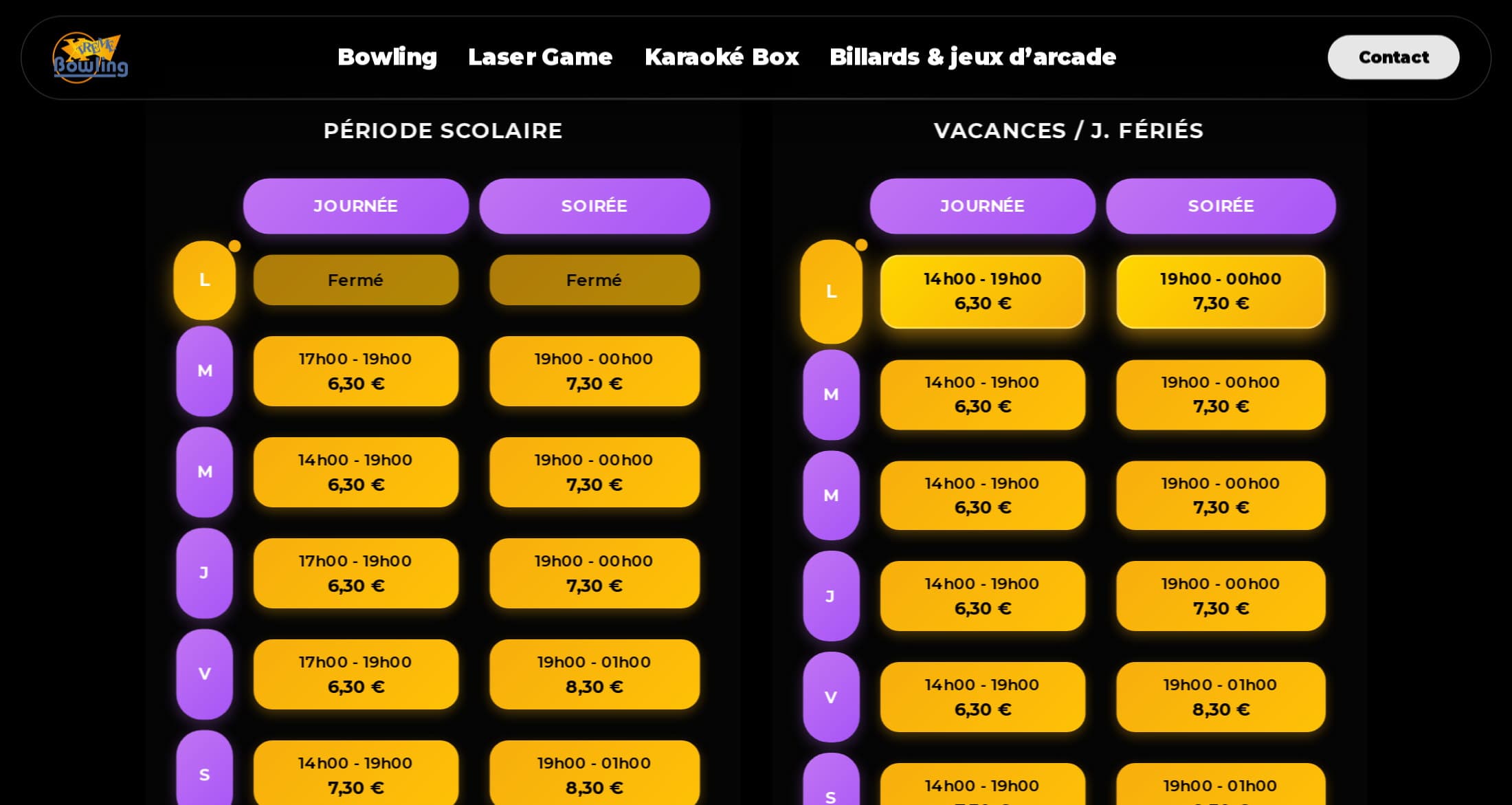 Ancienne grille d’horaires de l’accueil WordPress : période scolaire et vacances, cases jaunes, une grille par centre empilée