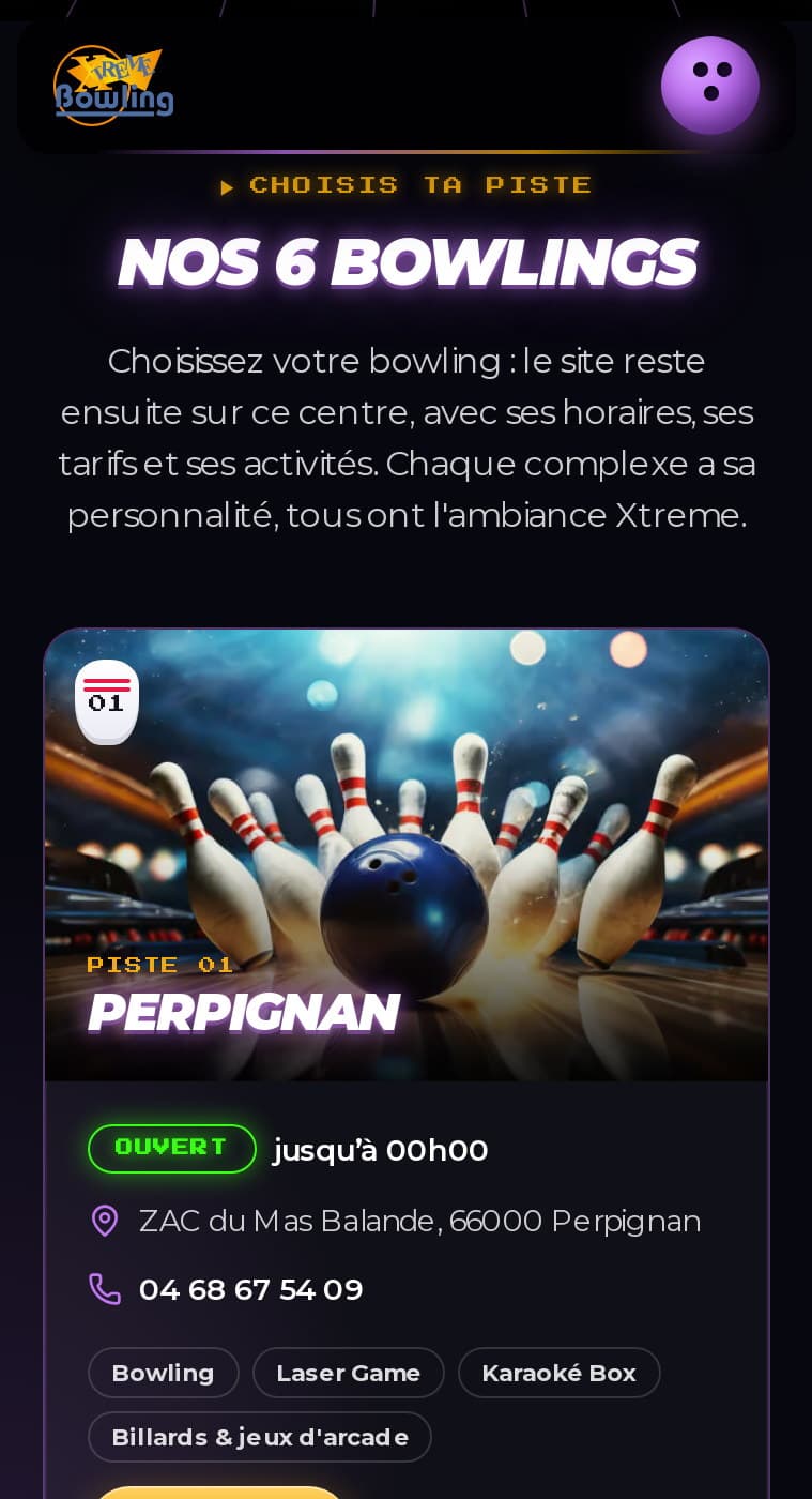 Cartes des bowlings sur mobile : Perpignan ouvert jusqu’à 0 h, adresse, téléphone et activités