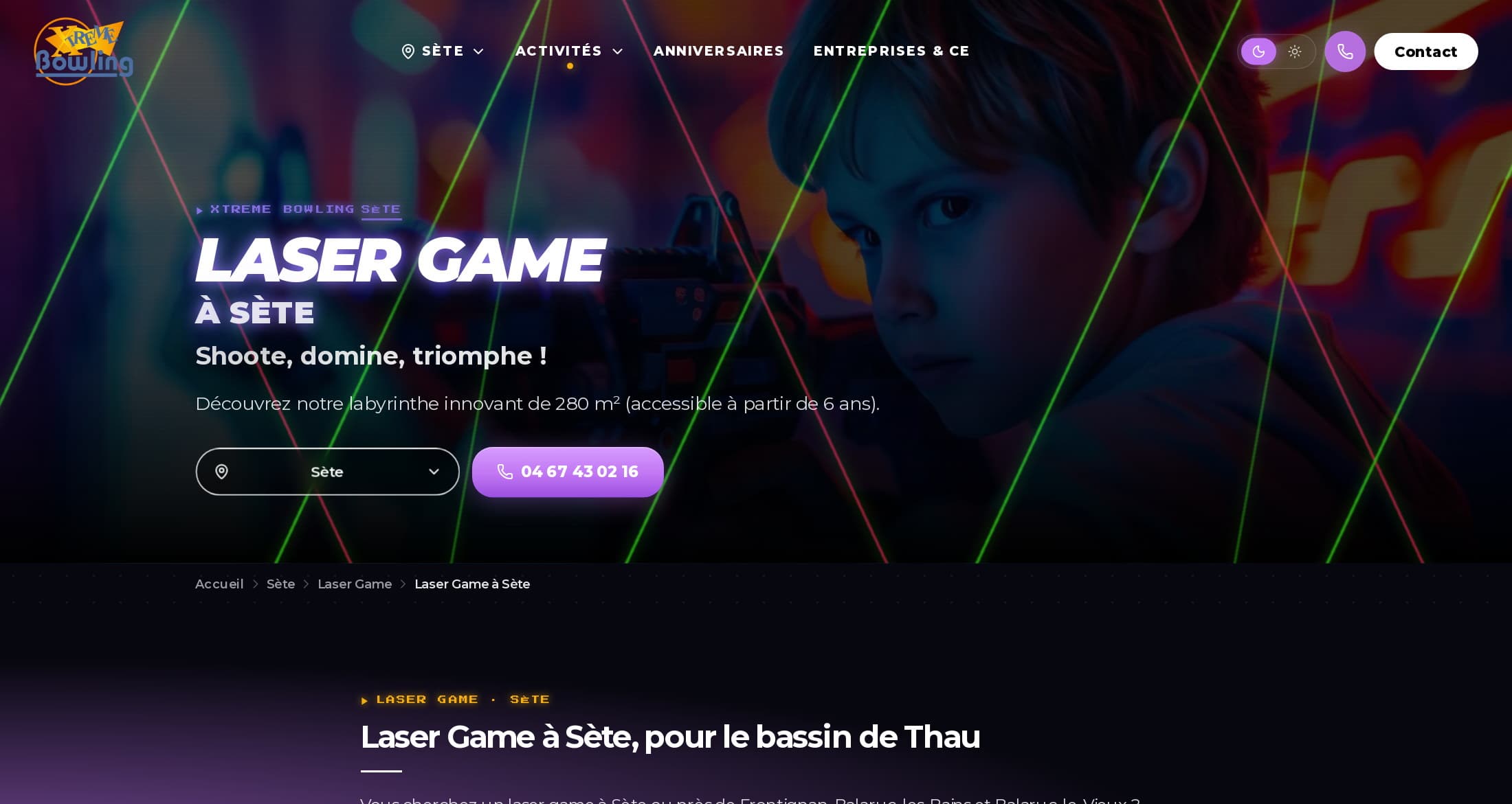 Page Laser Game à Sète : titre néon, « Shoote, domine, triomphe ! », labyrinthe de 280 m², sélecteur de centre et téléphone, faisceaux laser en fond