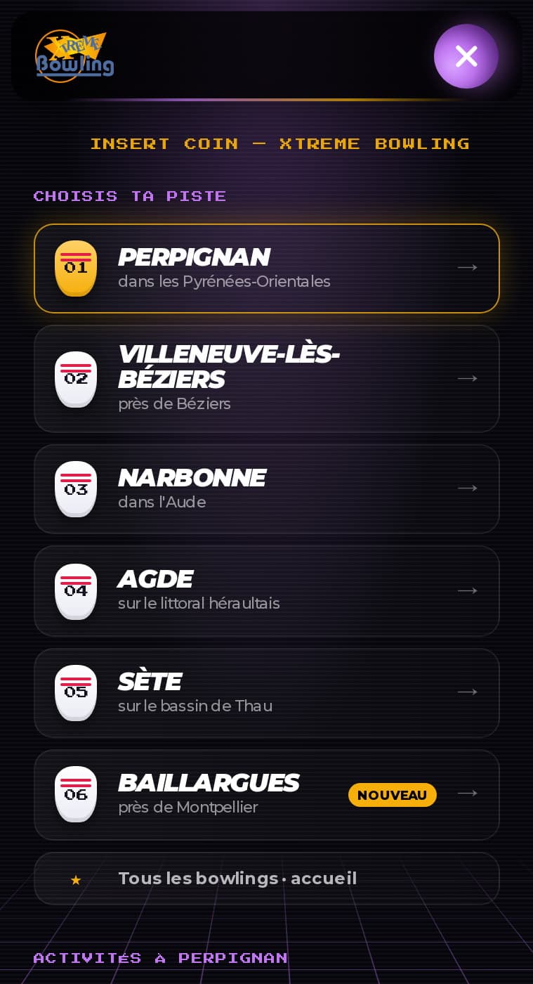 Menu mobile en salle d’arcade : « Insert coin », les six bowlings en pistes numérotées, badge Nouveau sur Baillargues