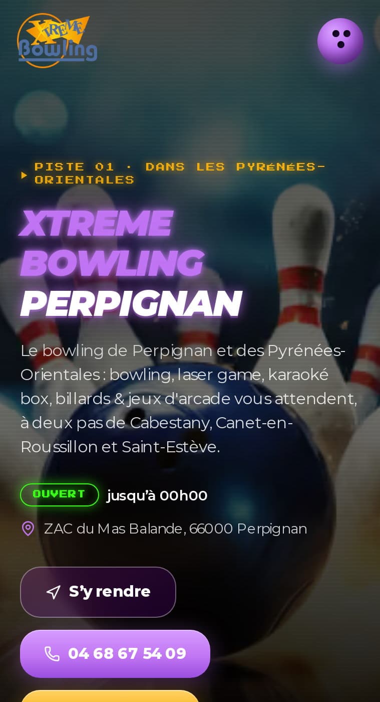 Page du bowling de Perpignan sur mobile : état d’ouverture, adresse, boutons S’y rendre et Appeler
