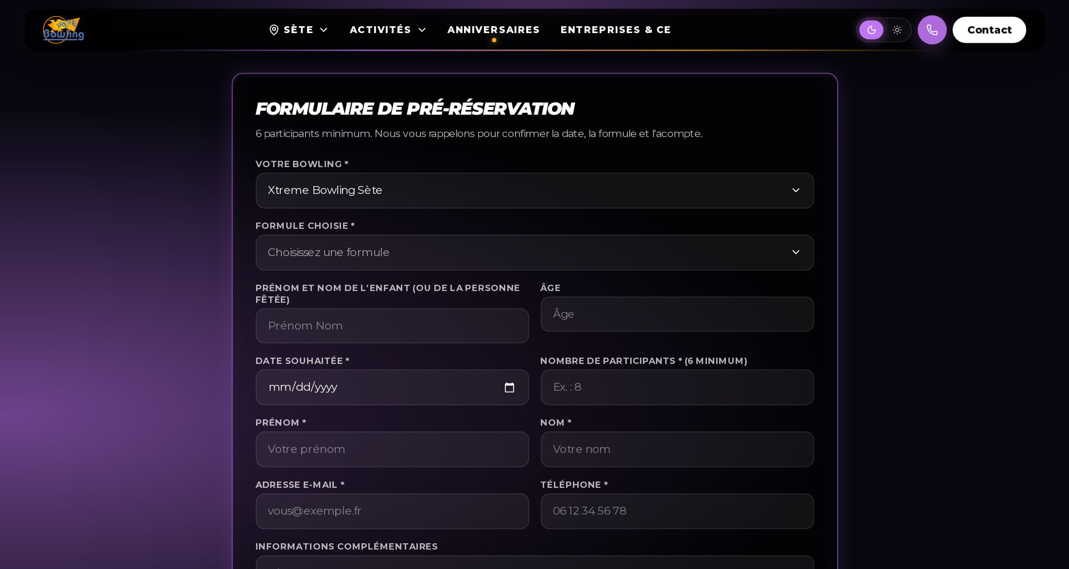 Formulaire de pré-réservation d’anniversaire à Sète : bowling, formule, prénom et âge de l’enfant, date souhaitée, nombre de participants