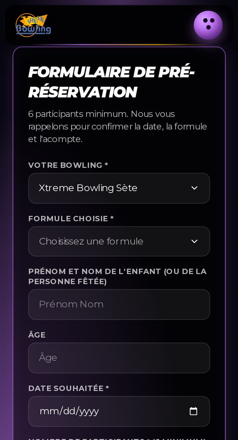 Formulaire de pré-réservation d’anniversaire sur mobile