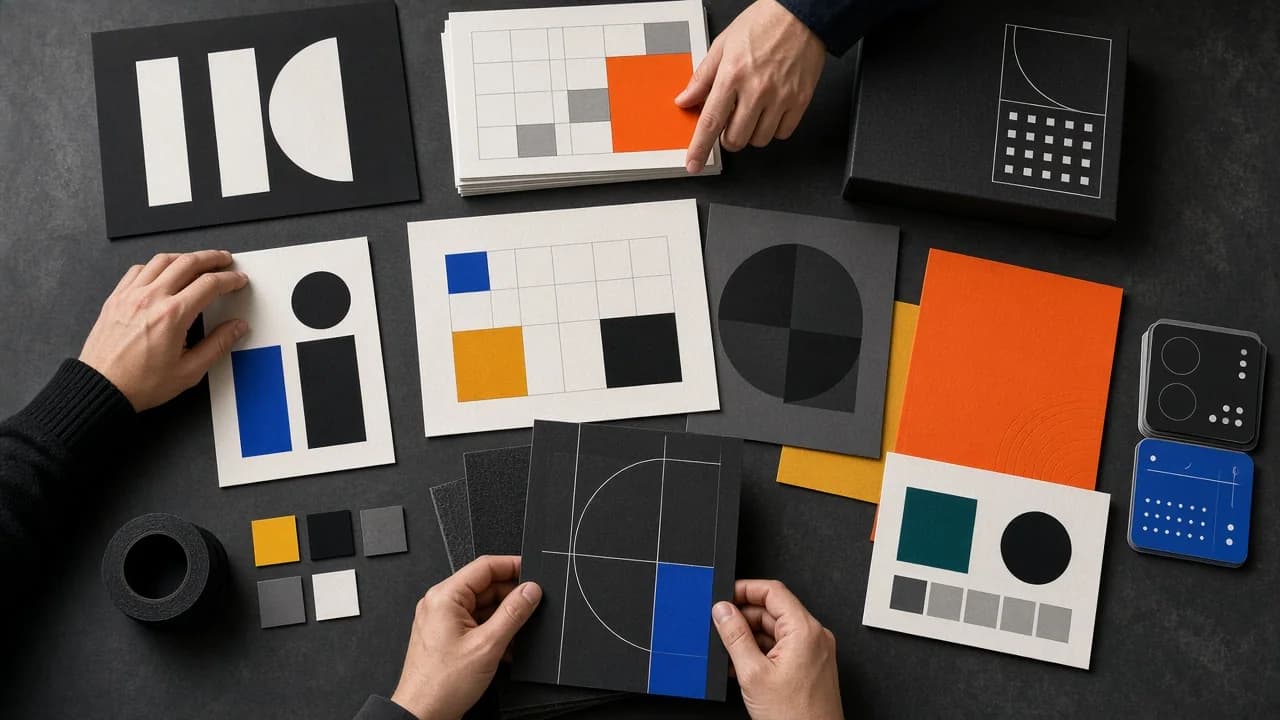Système d’identité visuelle noir, blanc et coloré sur une table de studio