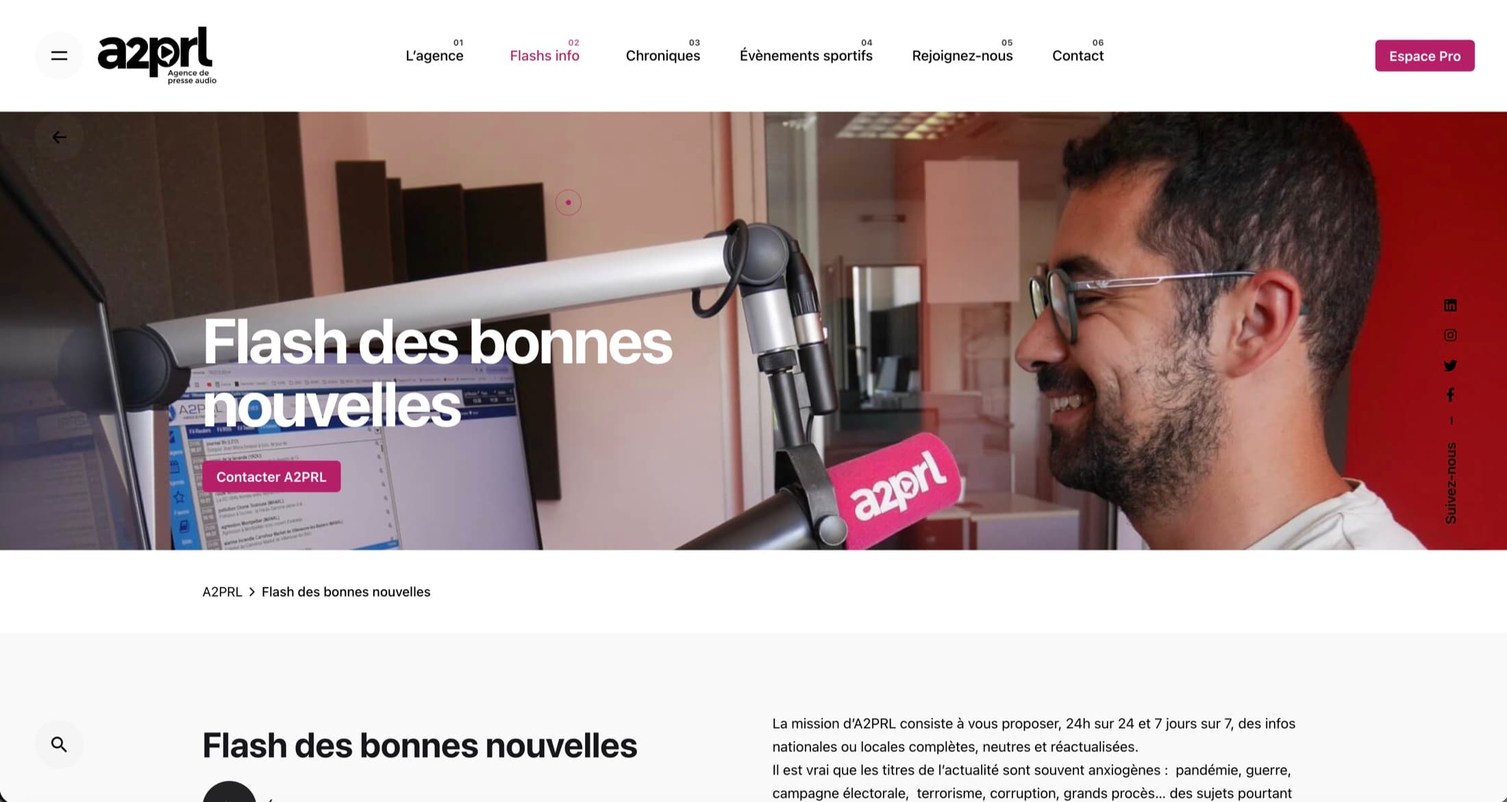 Page « Flash des bonnes nouvelles » du site A2PRL, avec photo de studio et texte de présentation de la mission