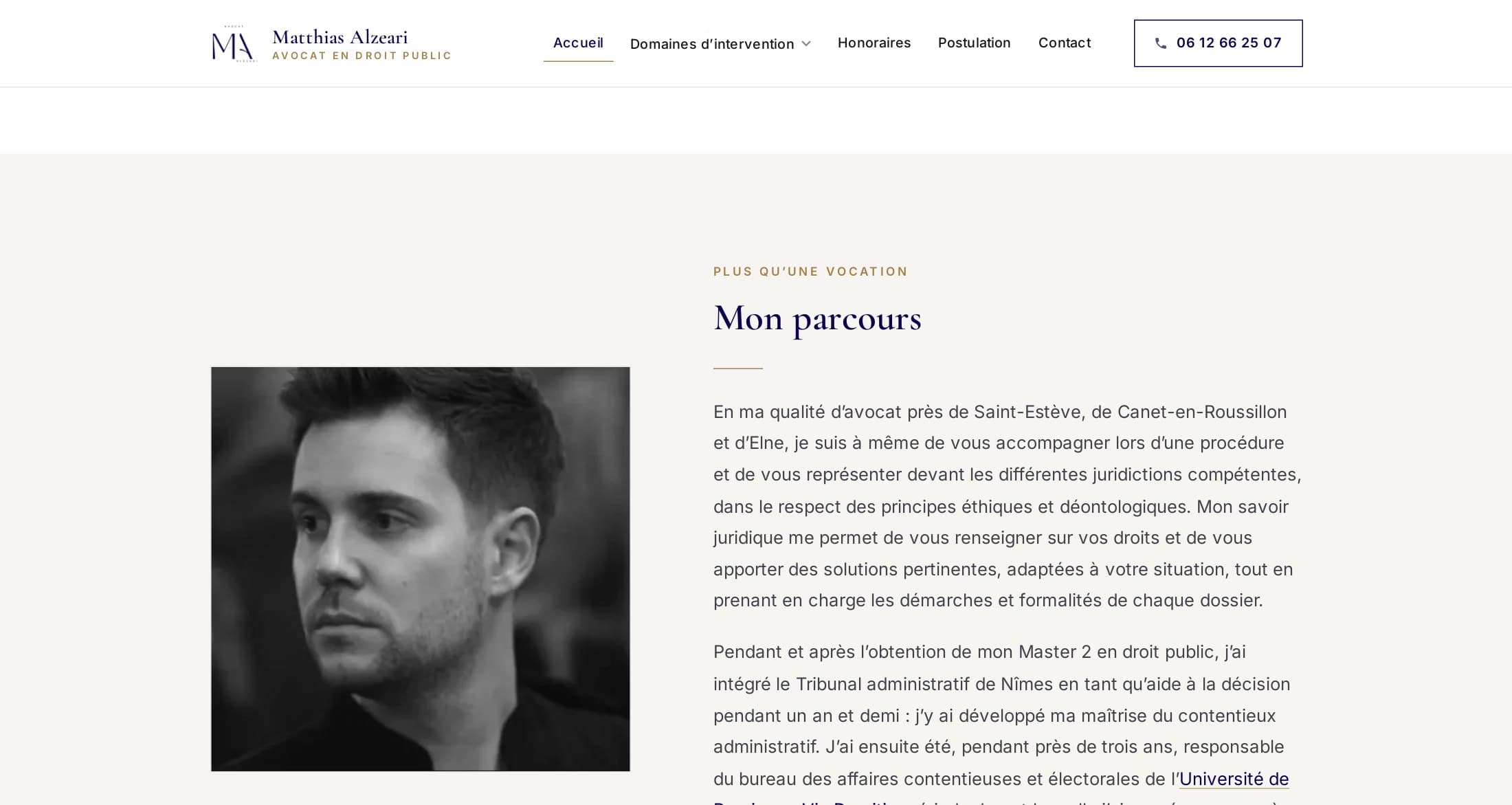 Section « Mon parcours » de l’accueil : portrait en noir et blanc de Maître Alzeari et texte de présentation sur fond pierre