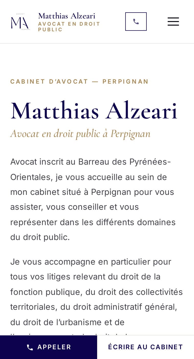 Accueil d’alzeariavocat.fr sur mobile : titre en serif, présentation, barre Appeler / Écrire au cabinet en bas d’écran