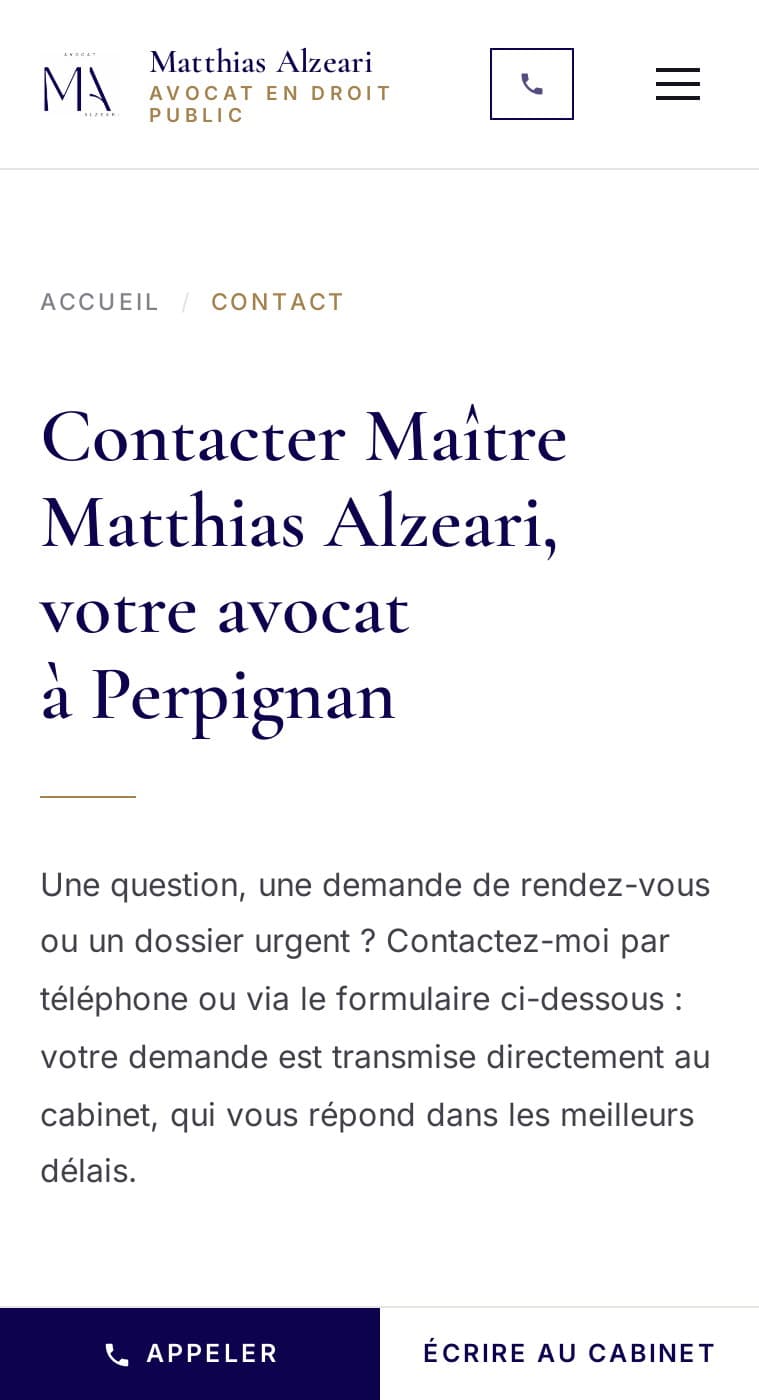 Page Contact d’alzeariavocat.fr sur mobile : « Contacter Maître Matthias Alzeari, votre avocat à Perpignan », barre Appeler / Écrire au cabinet