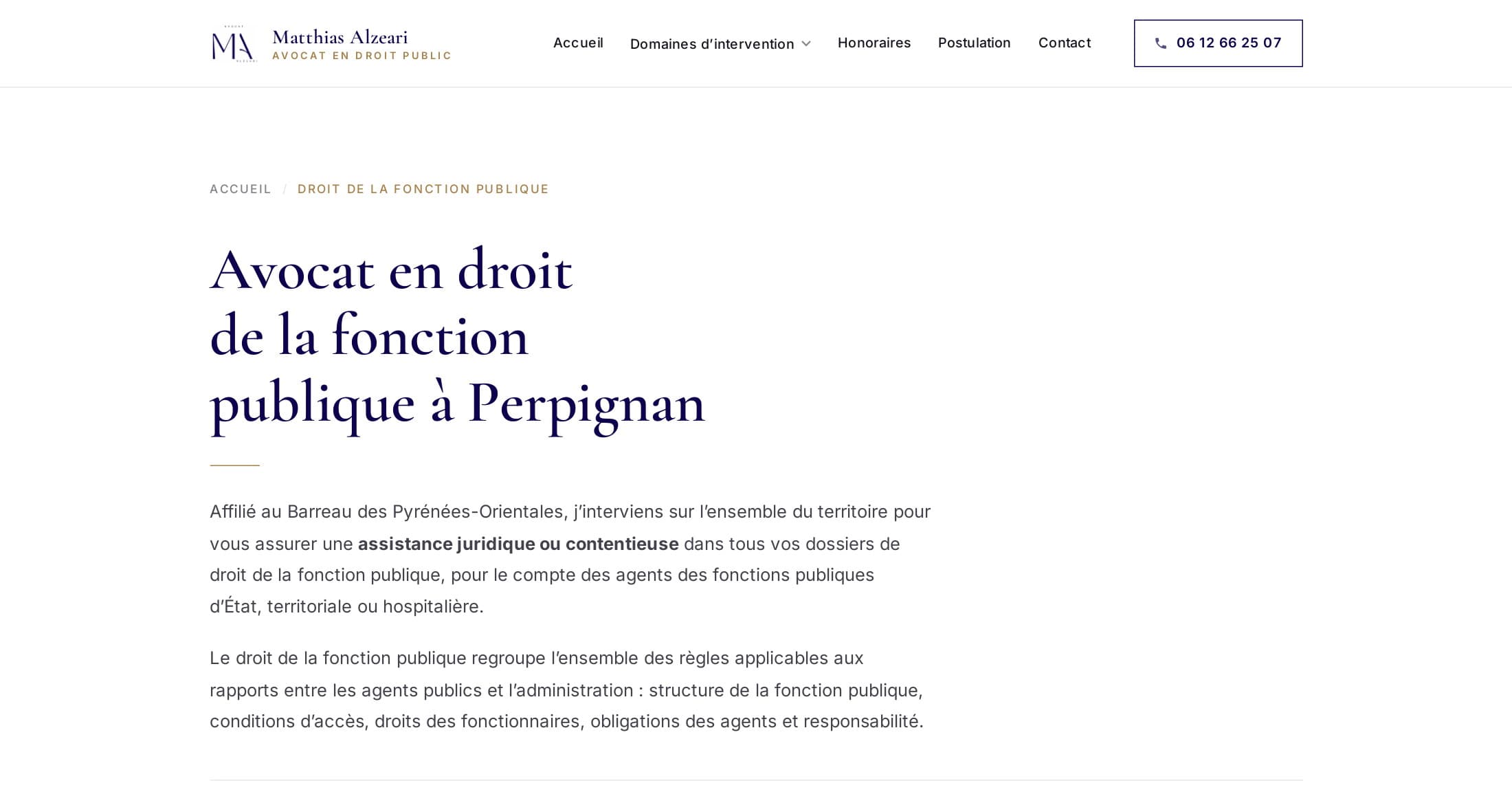 Page « Avocat en droit de la fonction publique à Perpignan » sur alzeariavocat.fr : titre en serif bleu nuit, présentation, section illustrée