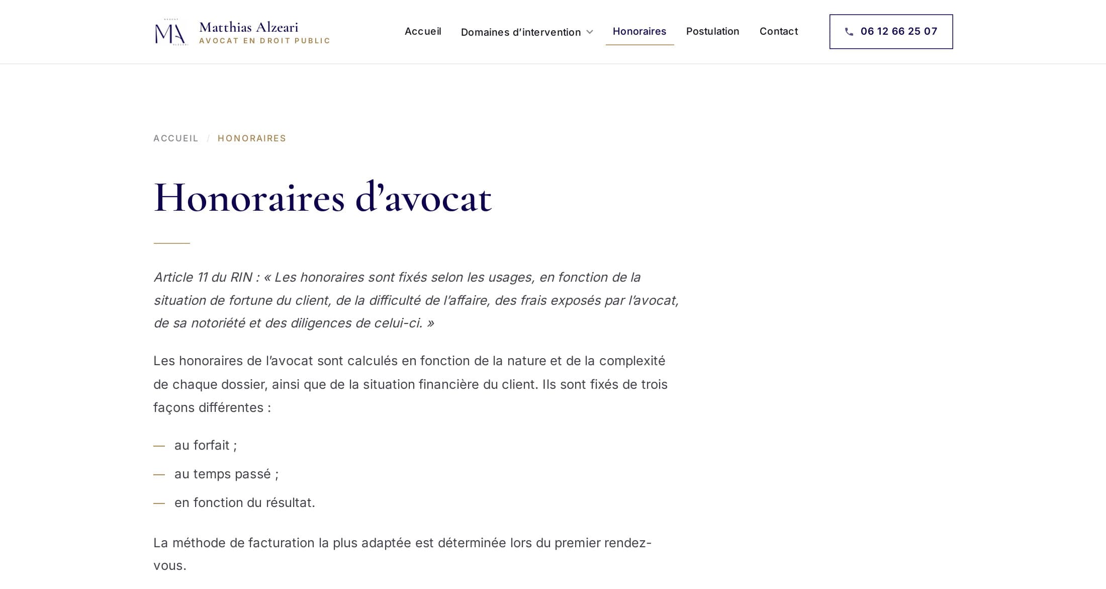 Page Honoraires d’avocat sur alzeariavocat.fr : citation de l’article 11 du RIN et les trois modes de facturation