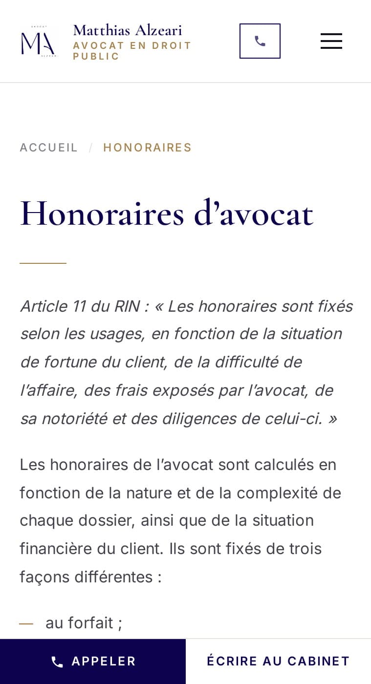 Page Honoraires sur mobile