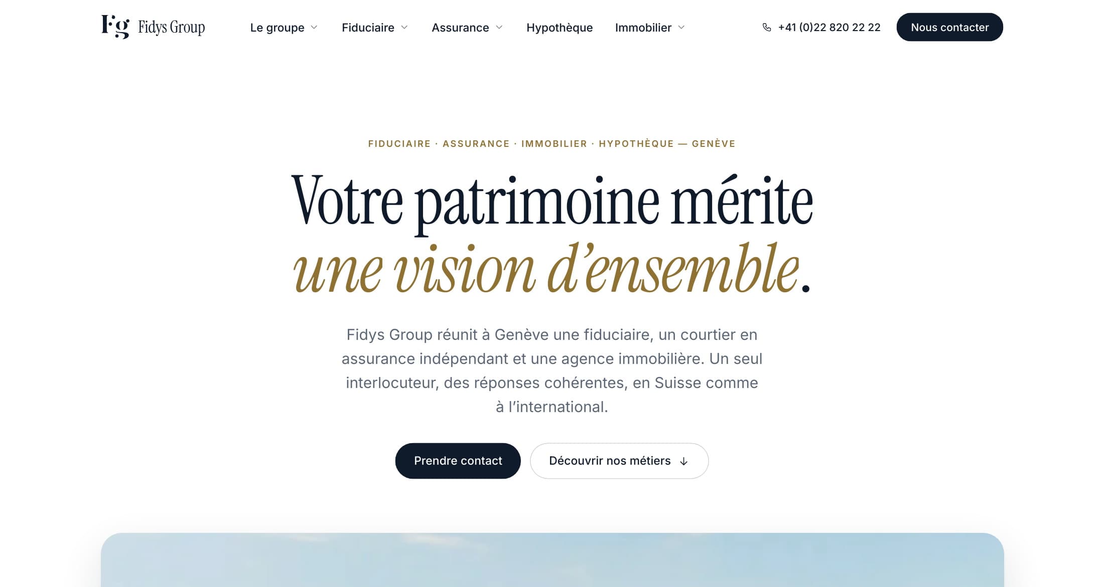 Nouveau site fidysgroup.com : en-tête avec le monogramme, navigation par métier et titre « Votre patrimoine mérite une vision d’ensemble »