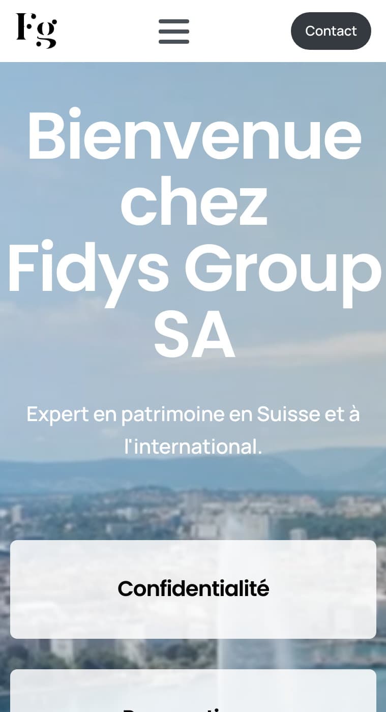 Ancien site fidysgroup.com sur mobile : « Bienvenue chez Fidys Group SA » sur fond de vue aérienne