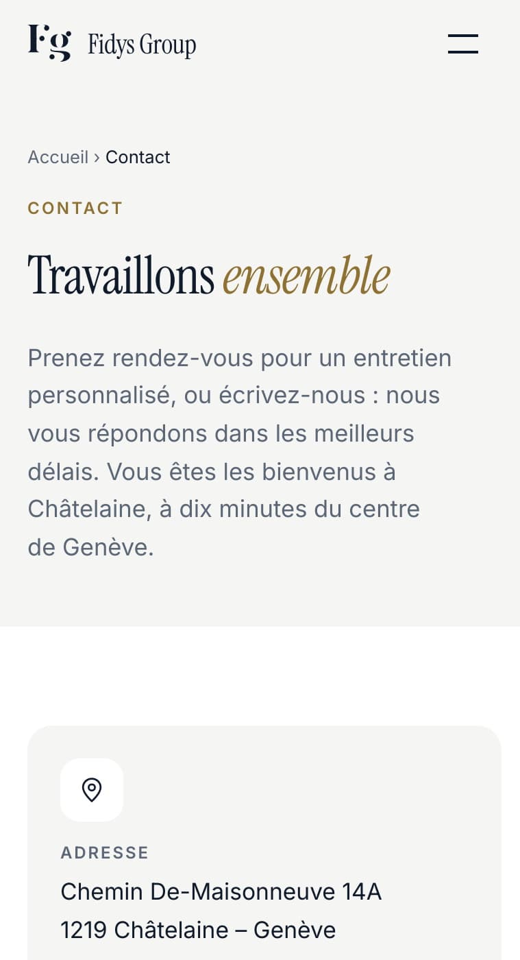 Page Contact sur mobile : « Travaillons ensemble » et l’adresse de Châtelaine