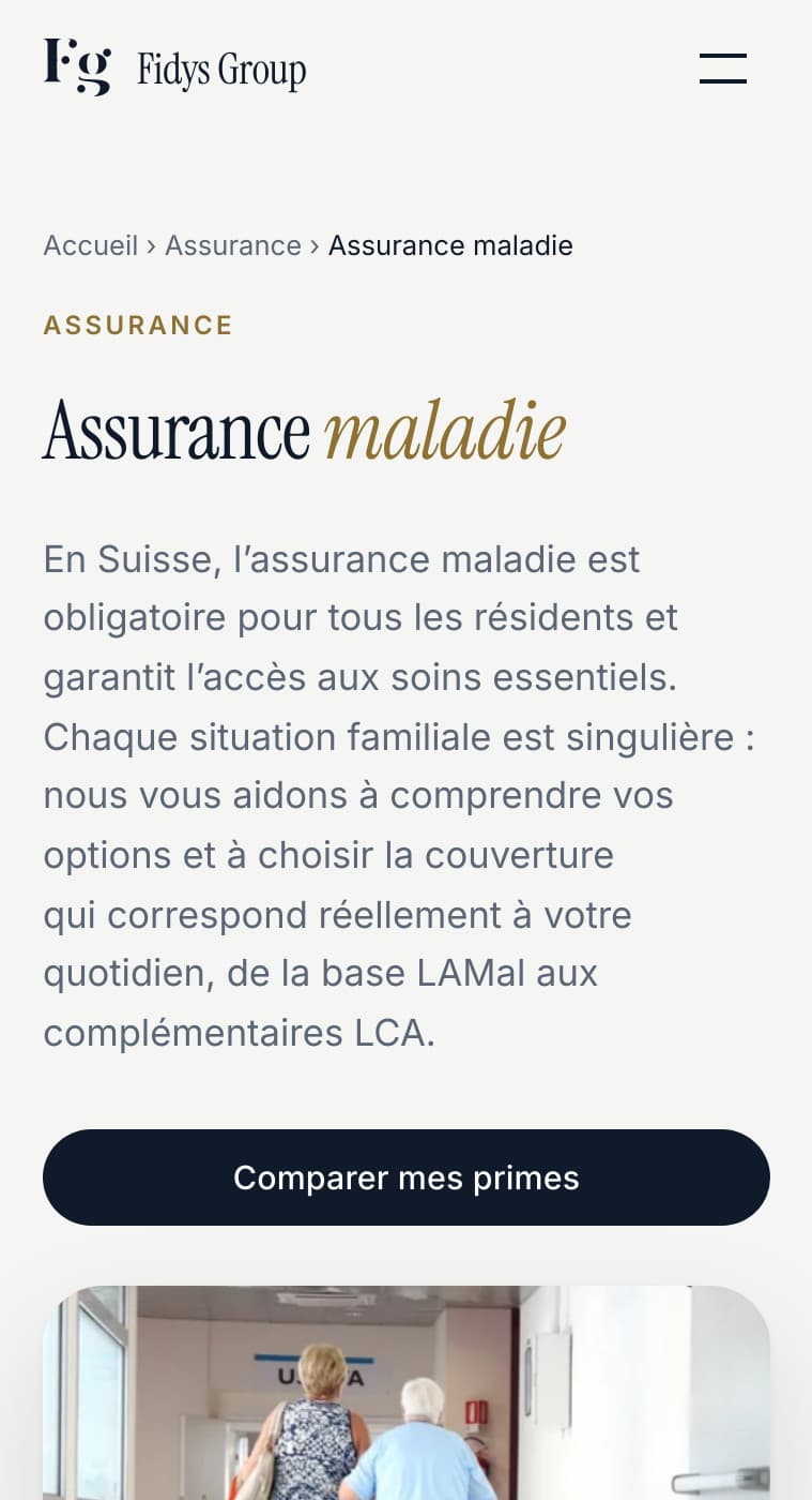 Page Assurance maladie sur mobile, avec le bouton Comparer mes primes