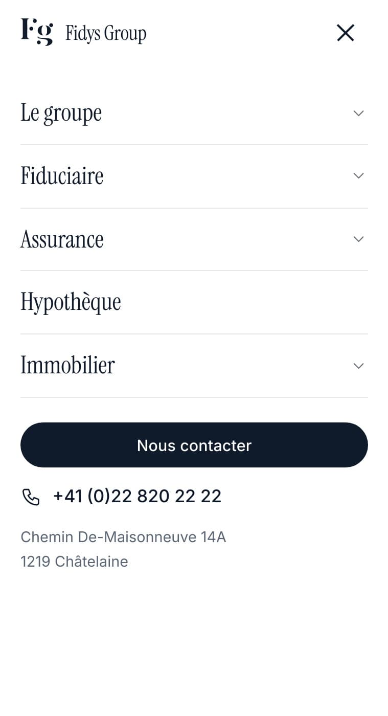 Menu mobile du nouveau site : Le groupe, Fiduciaire, Assurance, Hypothèque, Immobilier, bouton Nous contacter et coordonnées