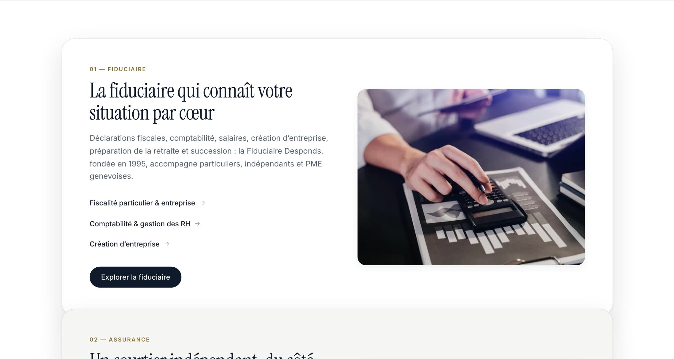 Section Nos métiers du nouveau site : carte « La fiduciaire qui connaît votre situation par cœur », ses liens et sa photo