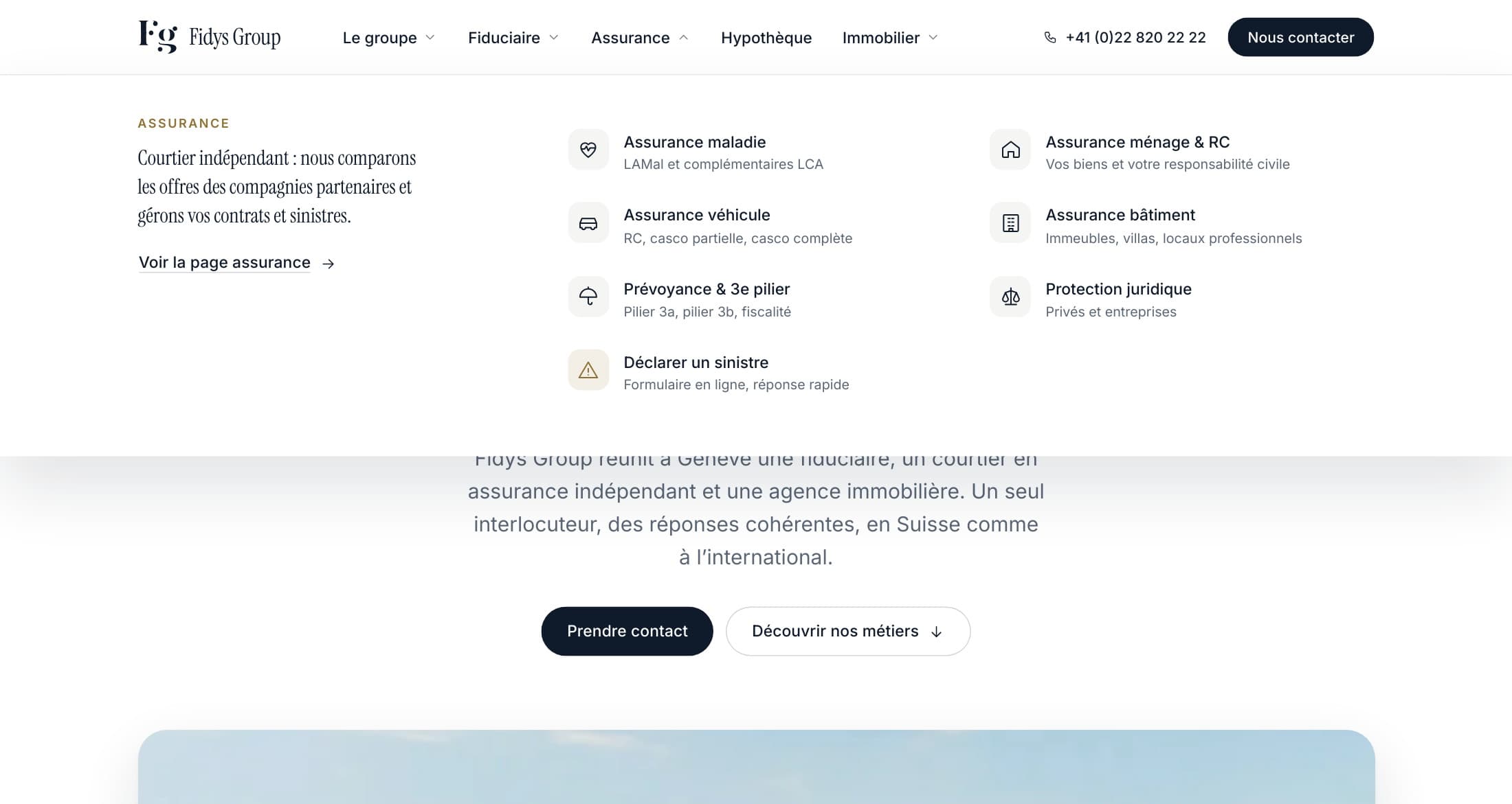 Panneau de navigation Assurance ouvert sur le nouveau site : assurance maladie, véhicule, prévoyance & 3e pilier, ménage & RC, bâtiment, protection juridique, déclarer un sinistre