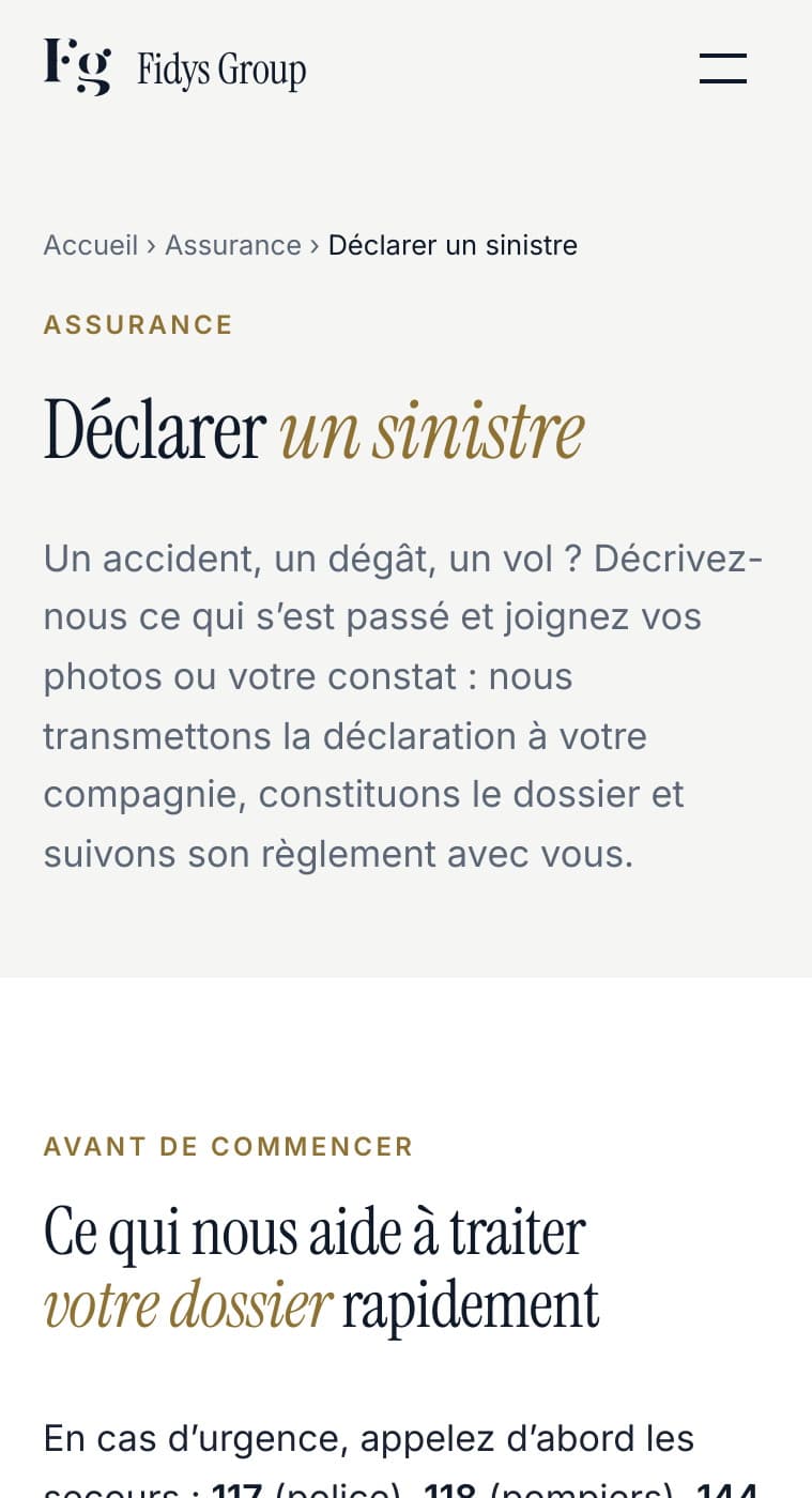 Page mobile « Déclarer un sinistre » du nouveau site, avec les consignes avant de commencer et le formulaire