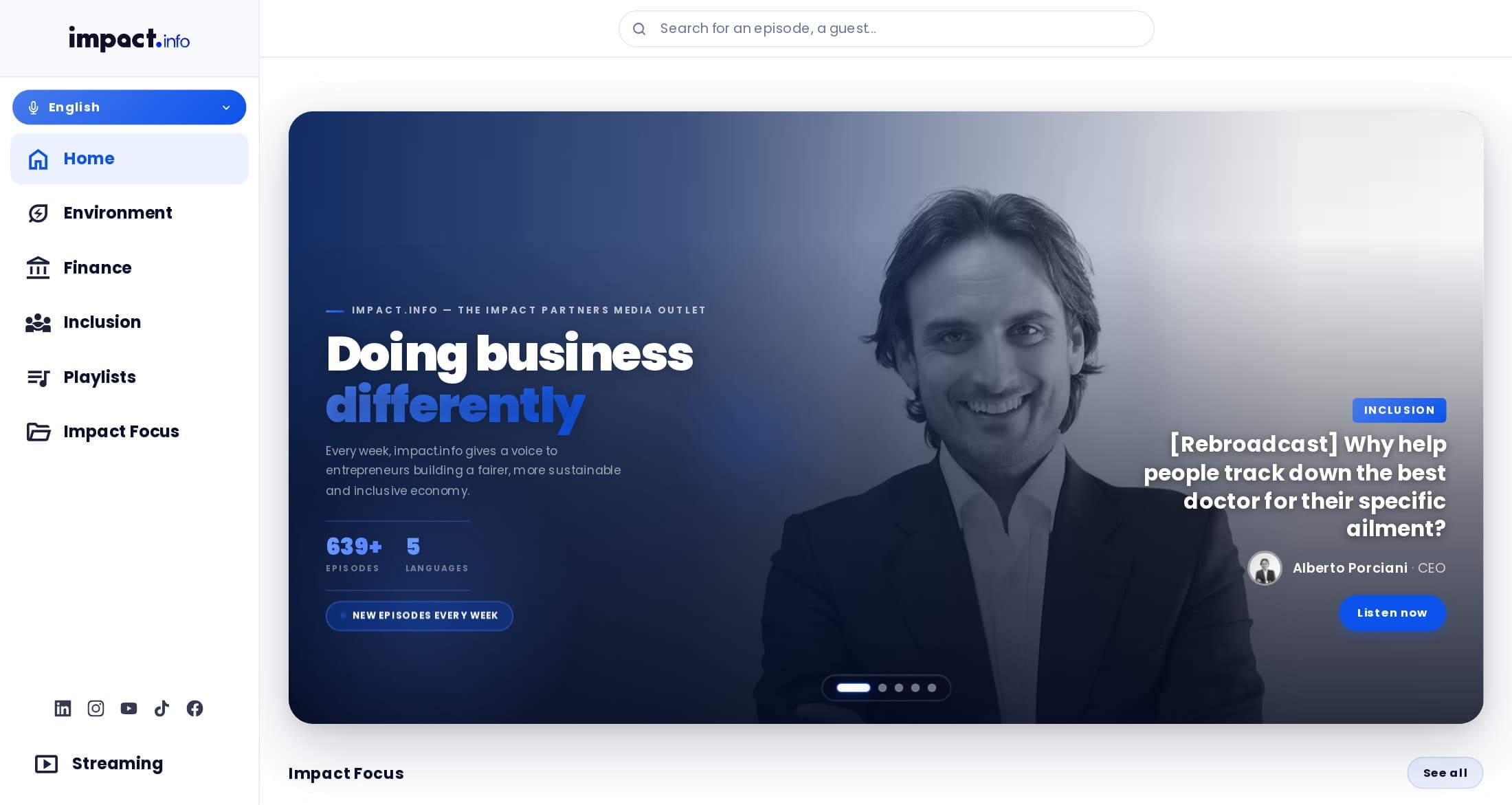 impact.info en anglais : « Doing business differently », sections Environment, Finance, Inclusion
