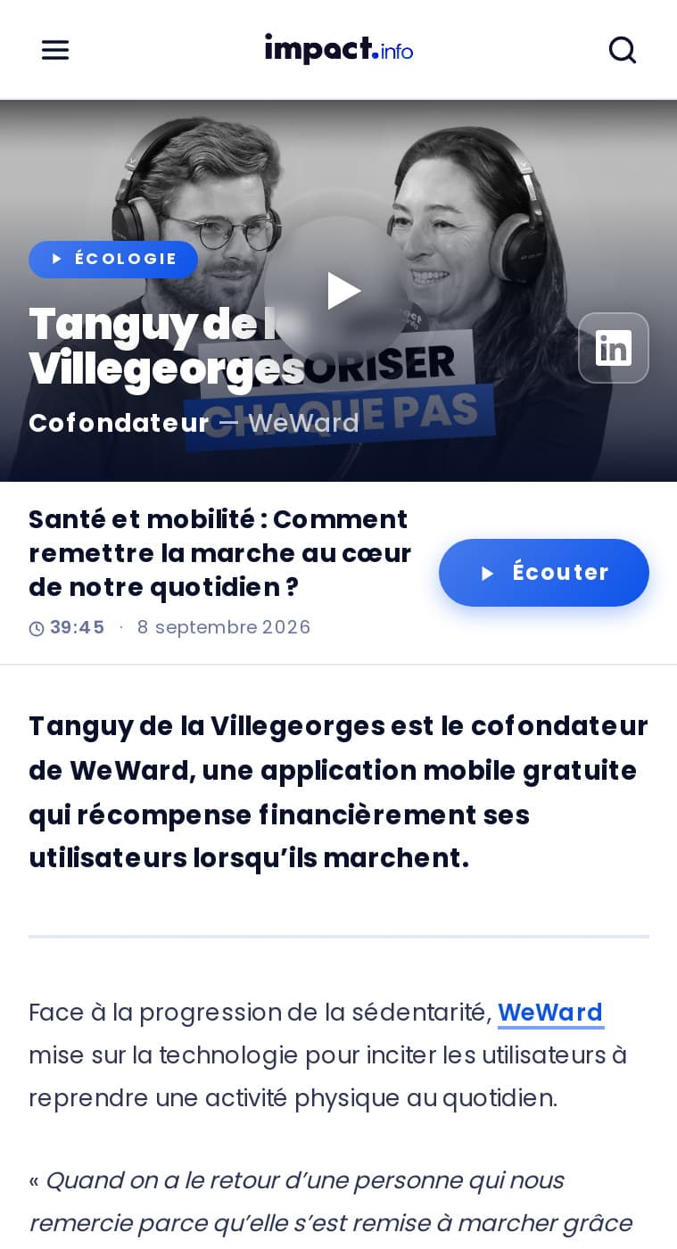 Page d’un épisode sur mobile : vidéo en tête, titre, bouton Écouter, chapô