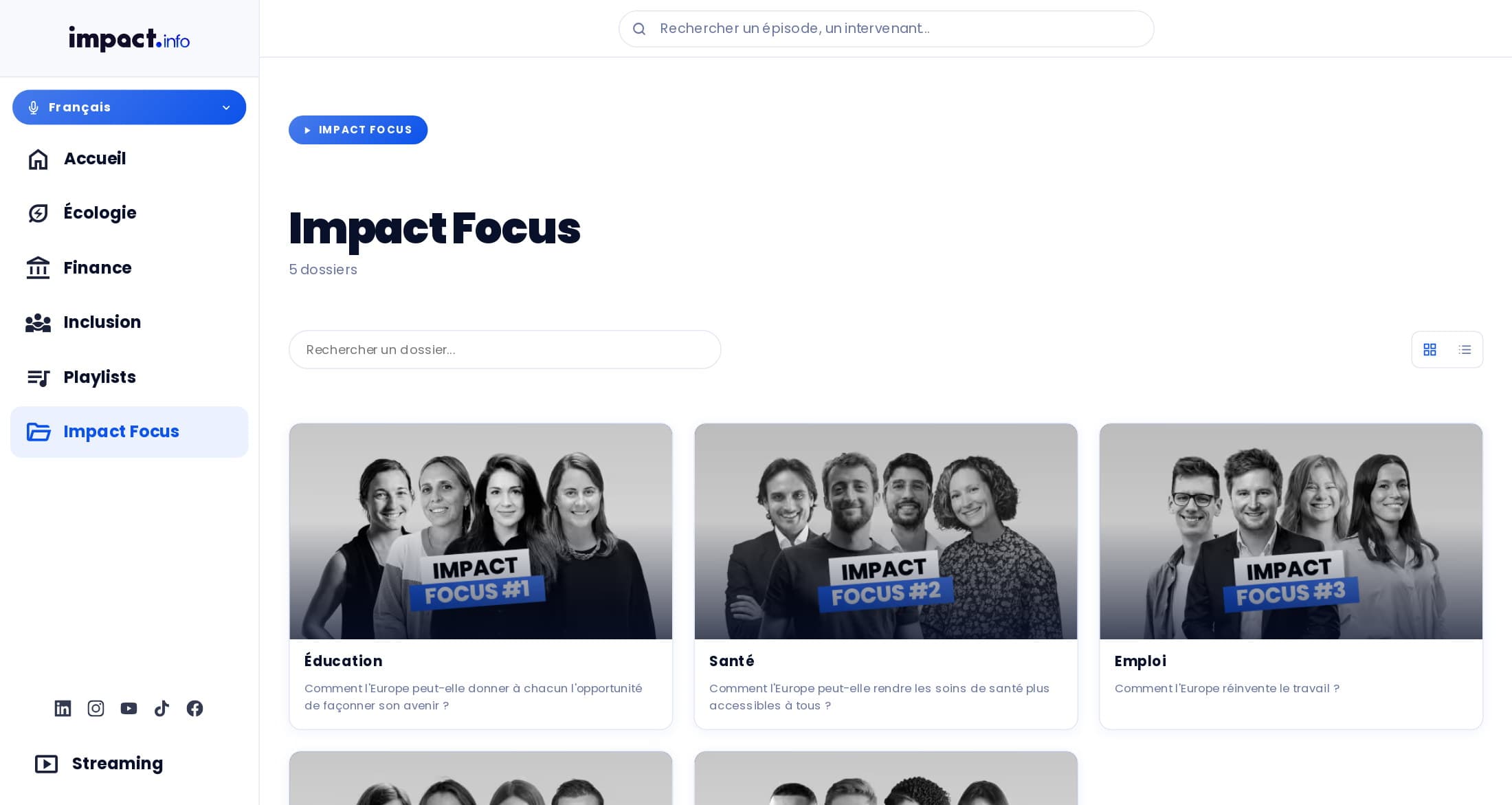 Page Impact Focus d’impact.info : cinq dossiers — Éducation, Santé, Emploi… — présentés en cartes avec leurs intervenants