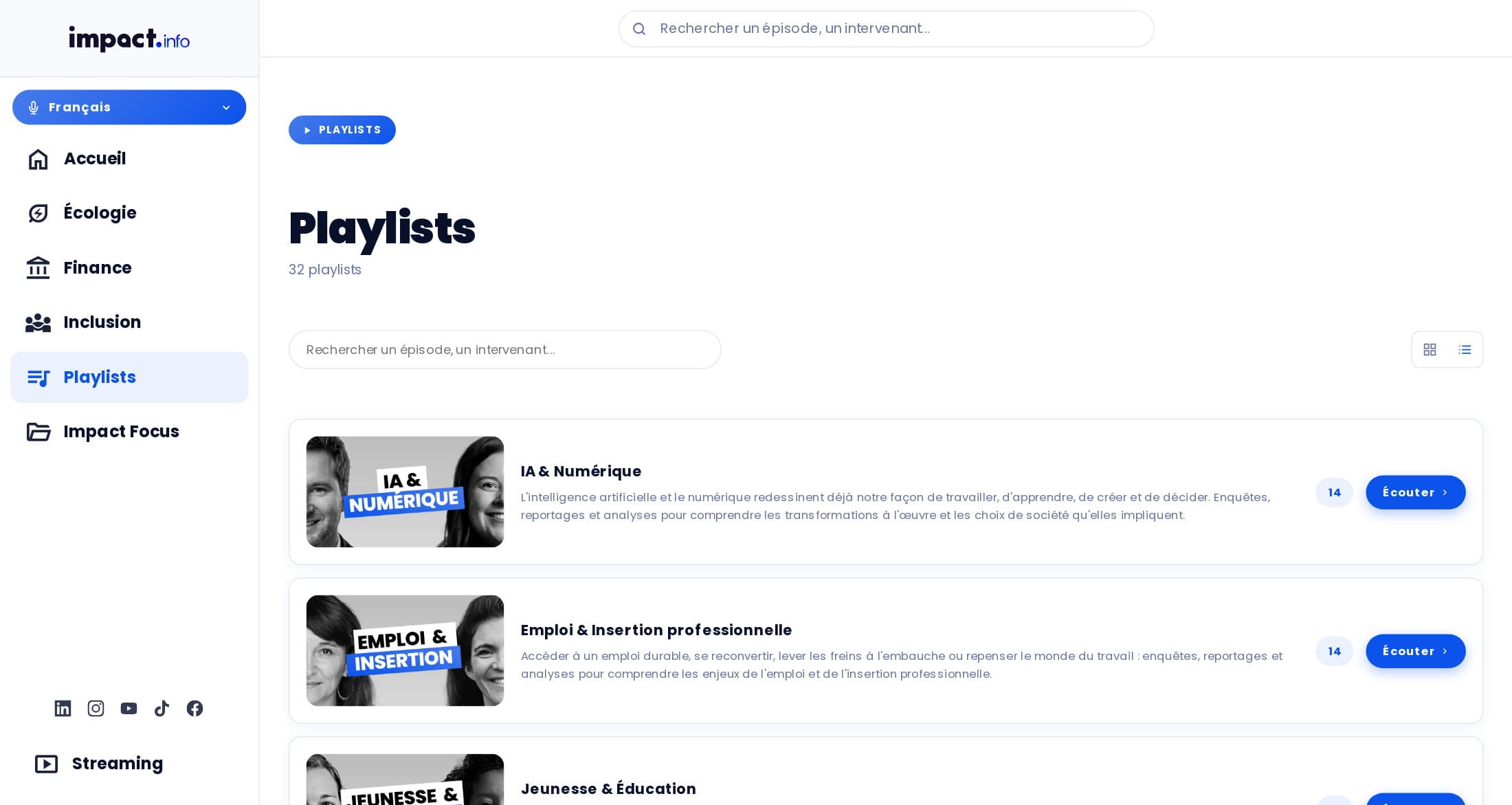 Page Playlists d’impact.info : IA & Numérique, Emploi & Insertion professionnelle, Jeunesse & Éducation, avec leur nombre d’épisodes et un bouton Écouter