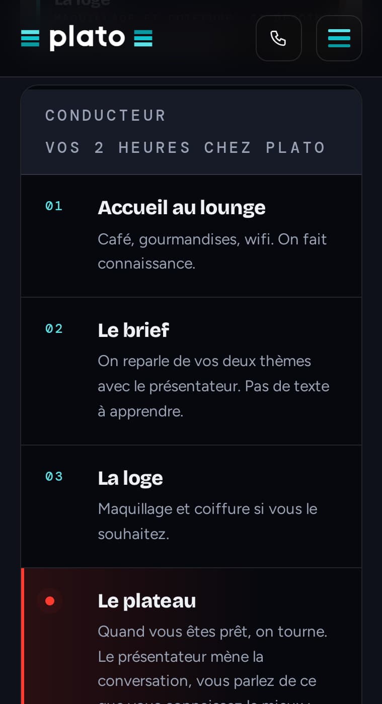 Conducteur « Vos 2 heures chez Plato » sur mobile