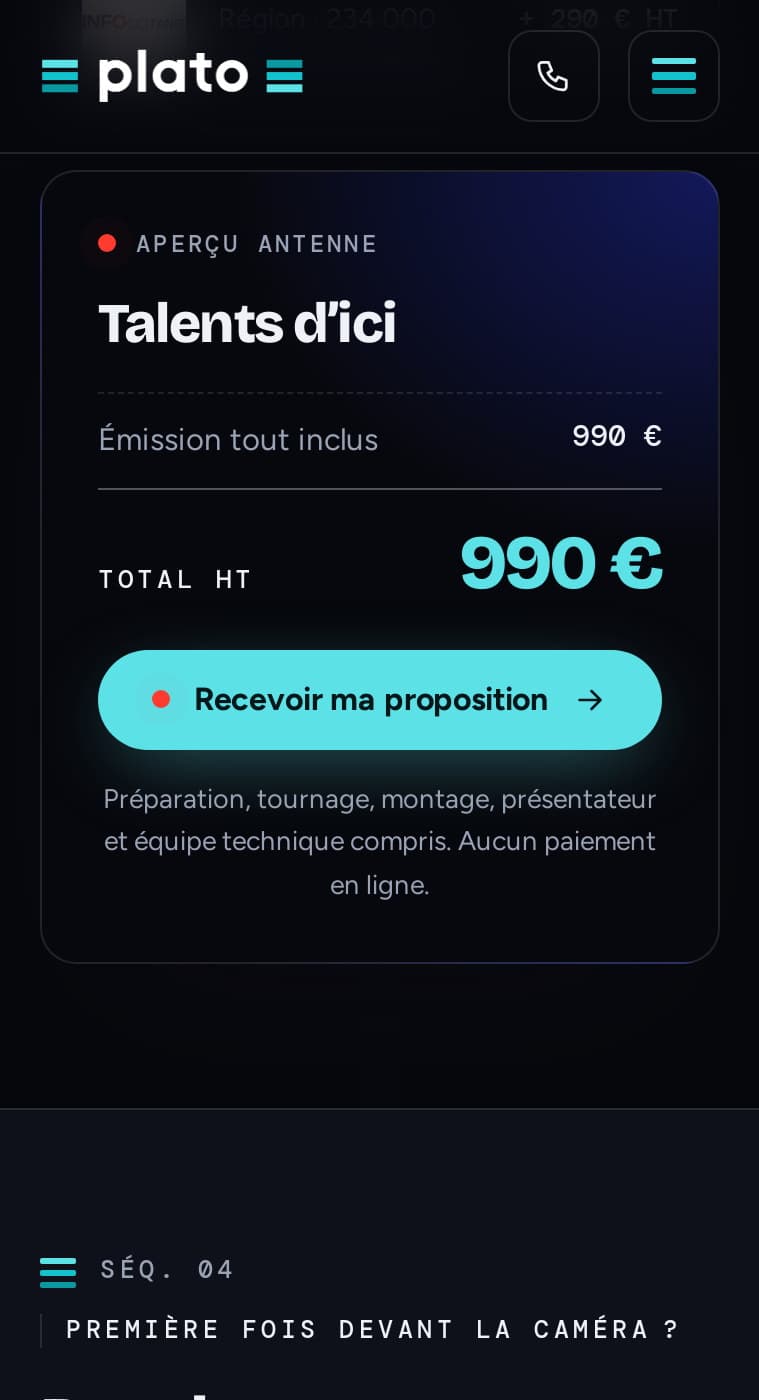 Écran « Aperçu antenne » du configurateur sur mobile : émission choisie, total HT et bouton Recevoir ma proposition