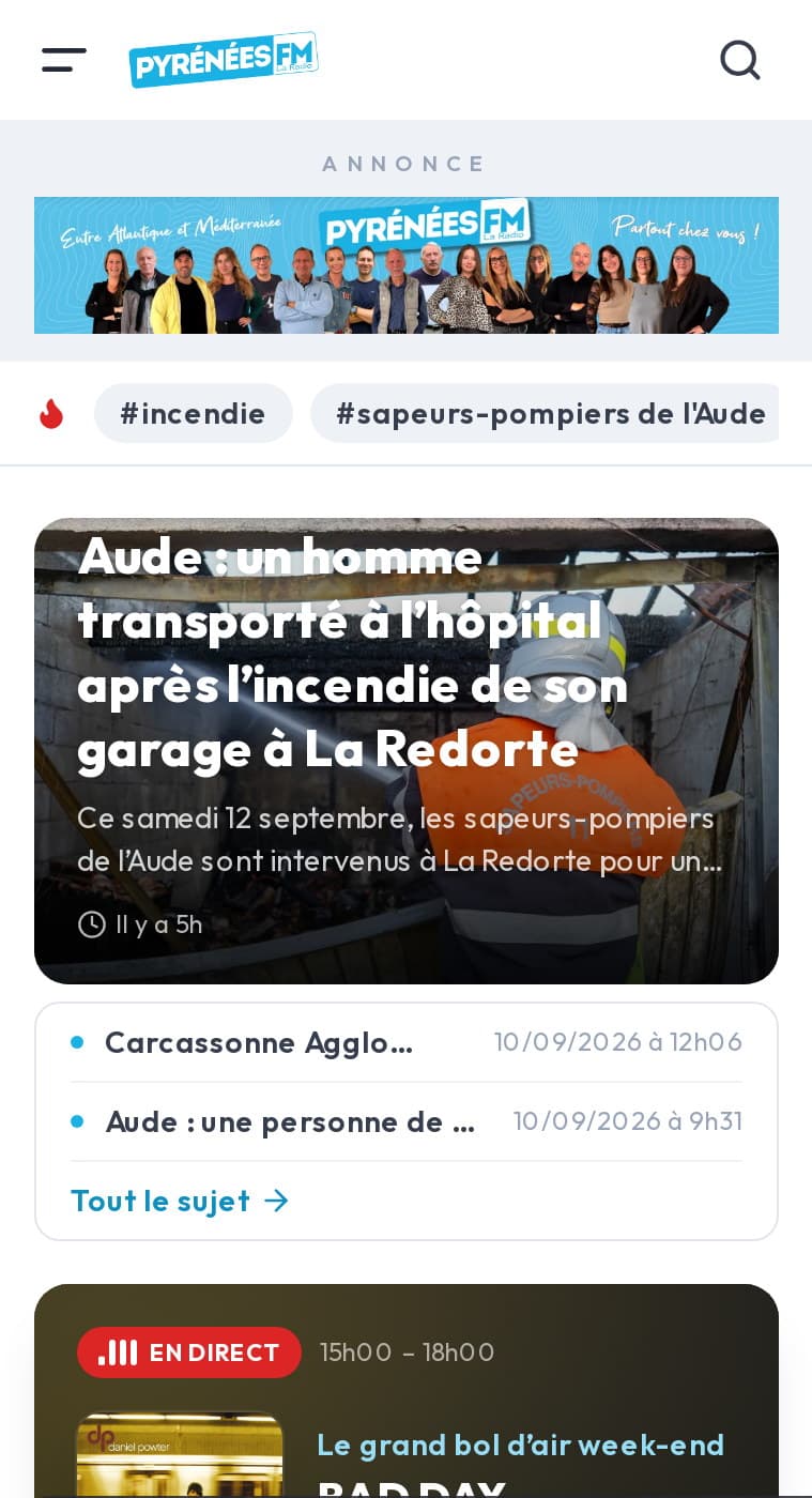 Accueil de pyreneesfm.com sur mobile : sujets du moment, article à la une et lecteur du direct