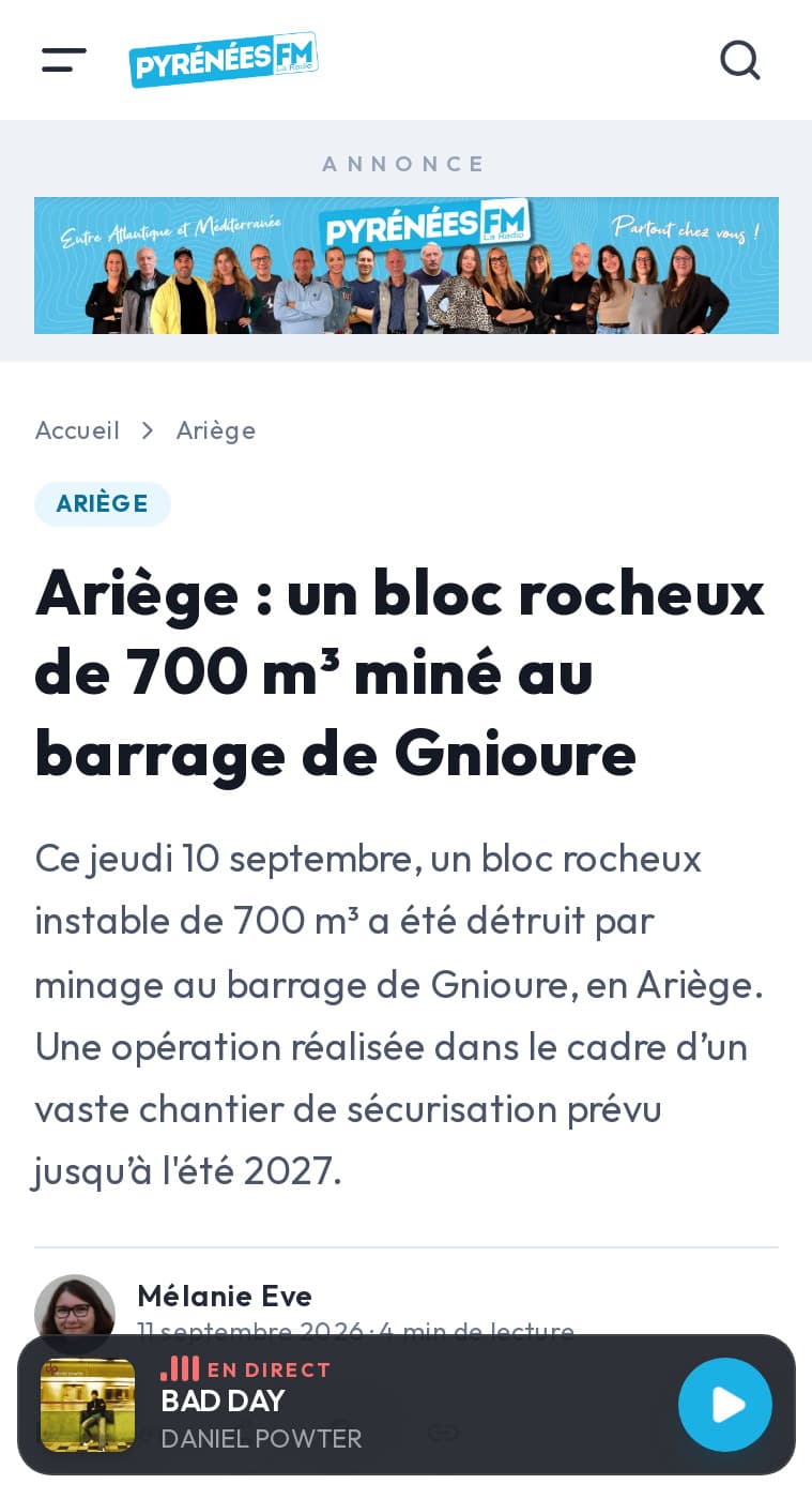 Un article de pyreneesfm.com sur mobile : « Ariège : un bloc rocheux de 700 m³ miné au barrage de Gnioure »