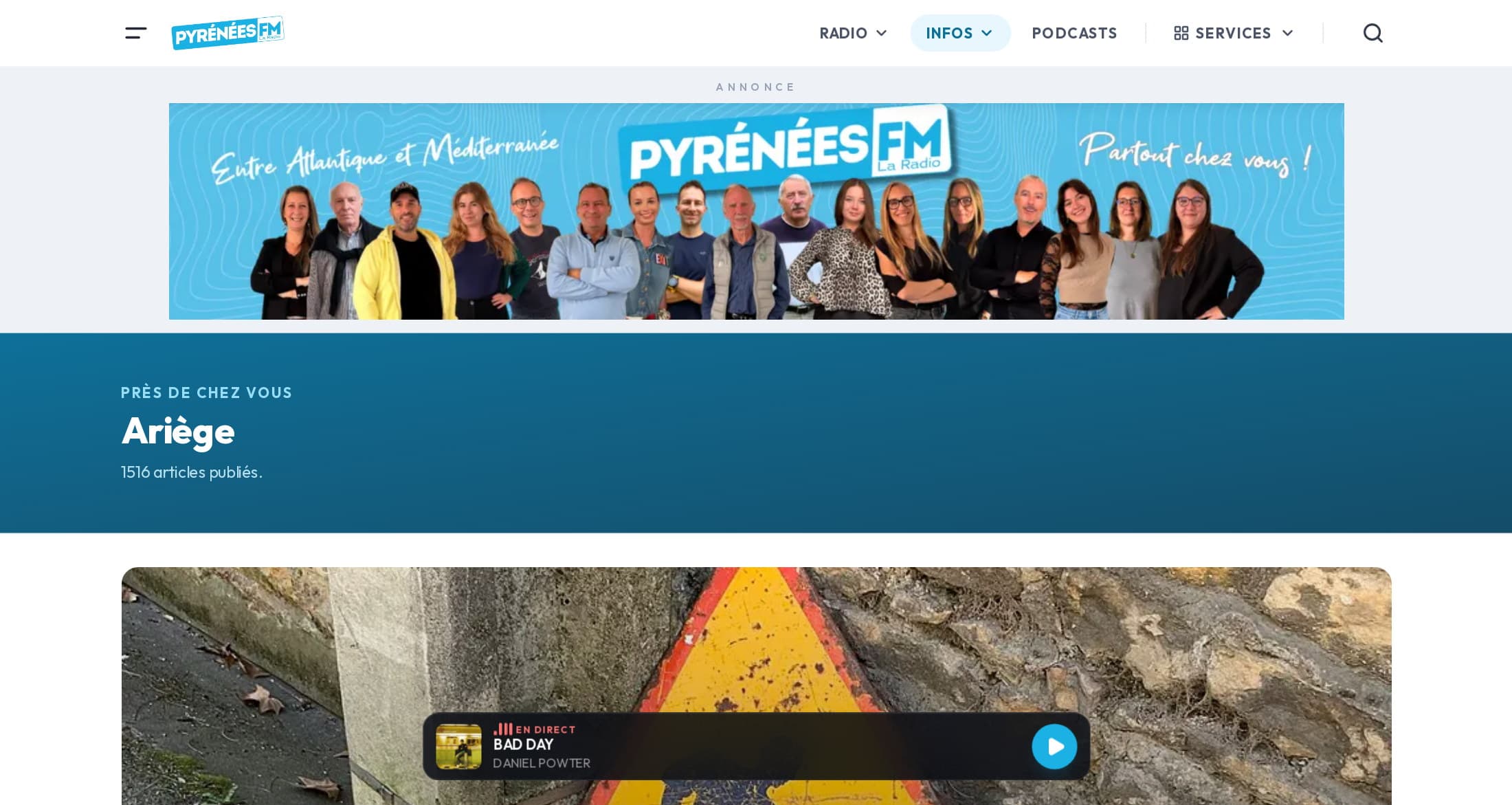 Page territoire Ariège de pyreneesfm.com : « Près de chez vous — Ariège, 1 516 articles publiés »