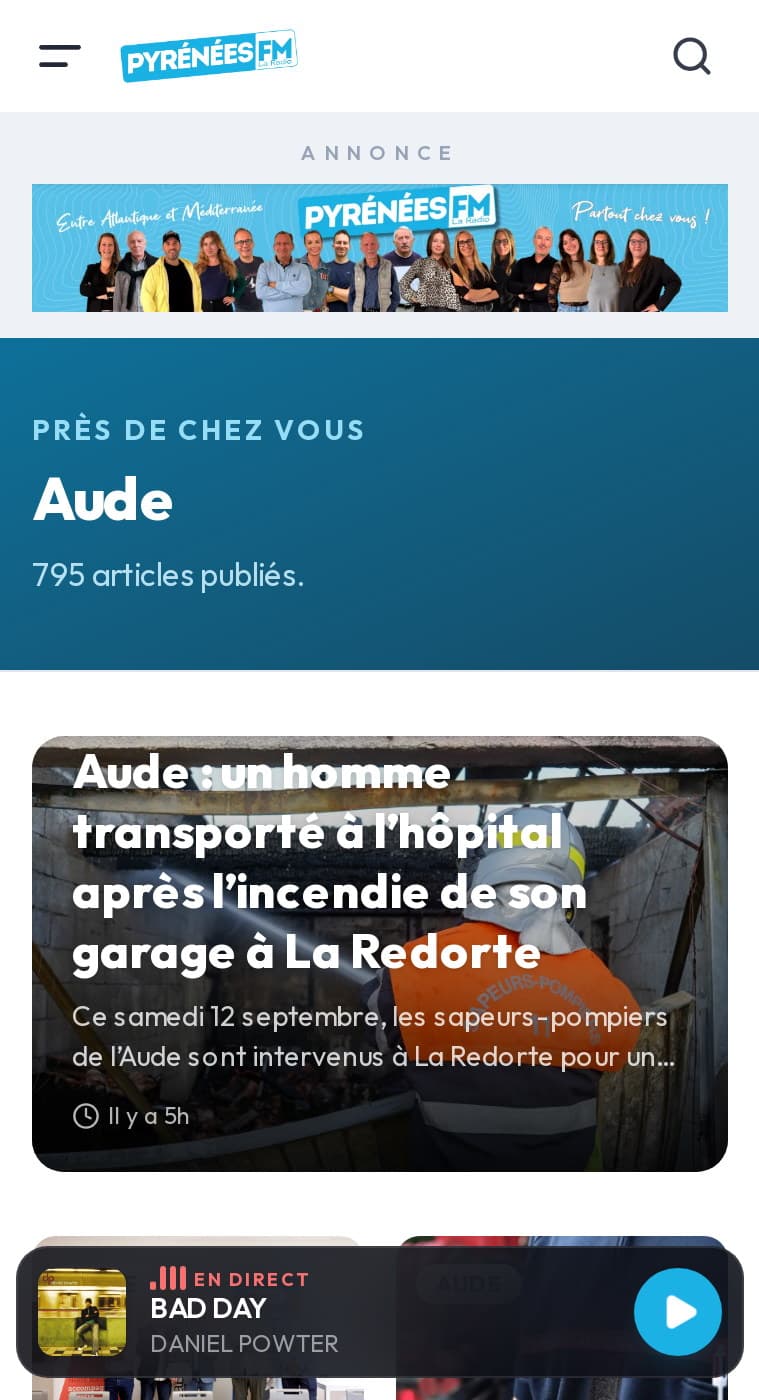 Page territoire Aude sur mobile : 795 articles publiés