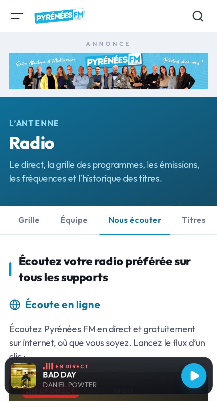 Page « Nous écouter » sur mobile : écoute en ligne, fréquences FM et DAB+