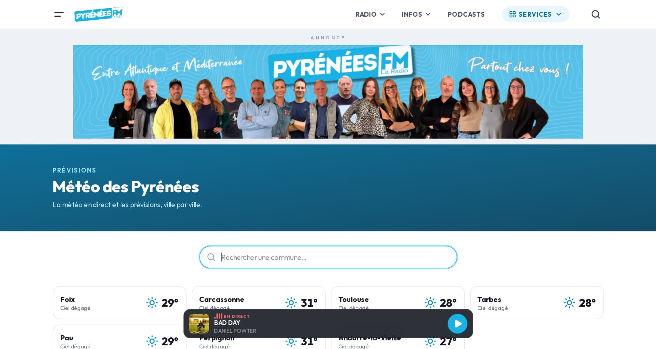 Page Météo des Pyrénées de pyreneesfm.com : recherche d’une commune et prévisions pour Foix, Carcassonne, Toulouse, Tarbes, Pau, Perpignan