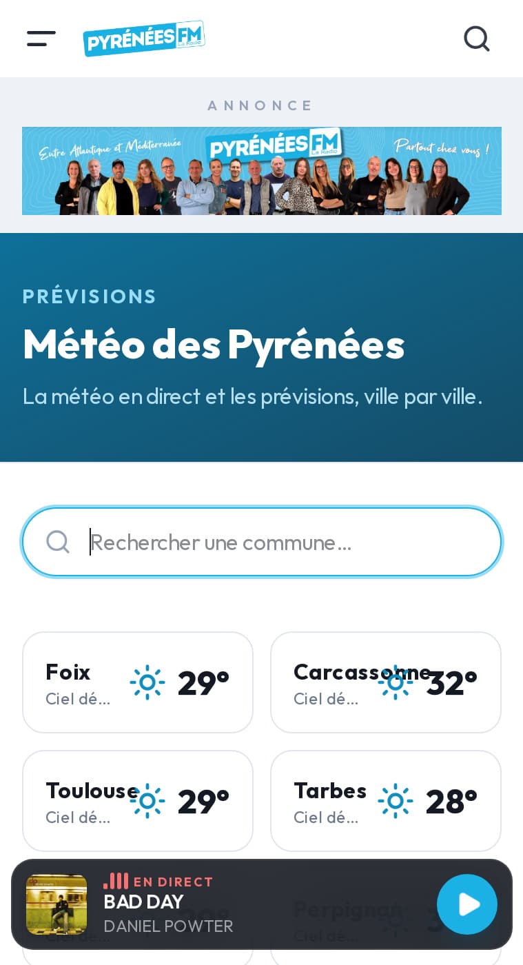 Météo des Pyrénées sur mobile : Foix, Carcassonne, Toulouse, Tarbes