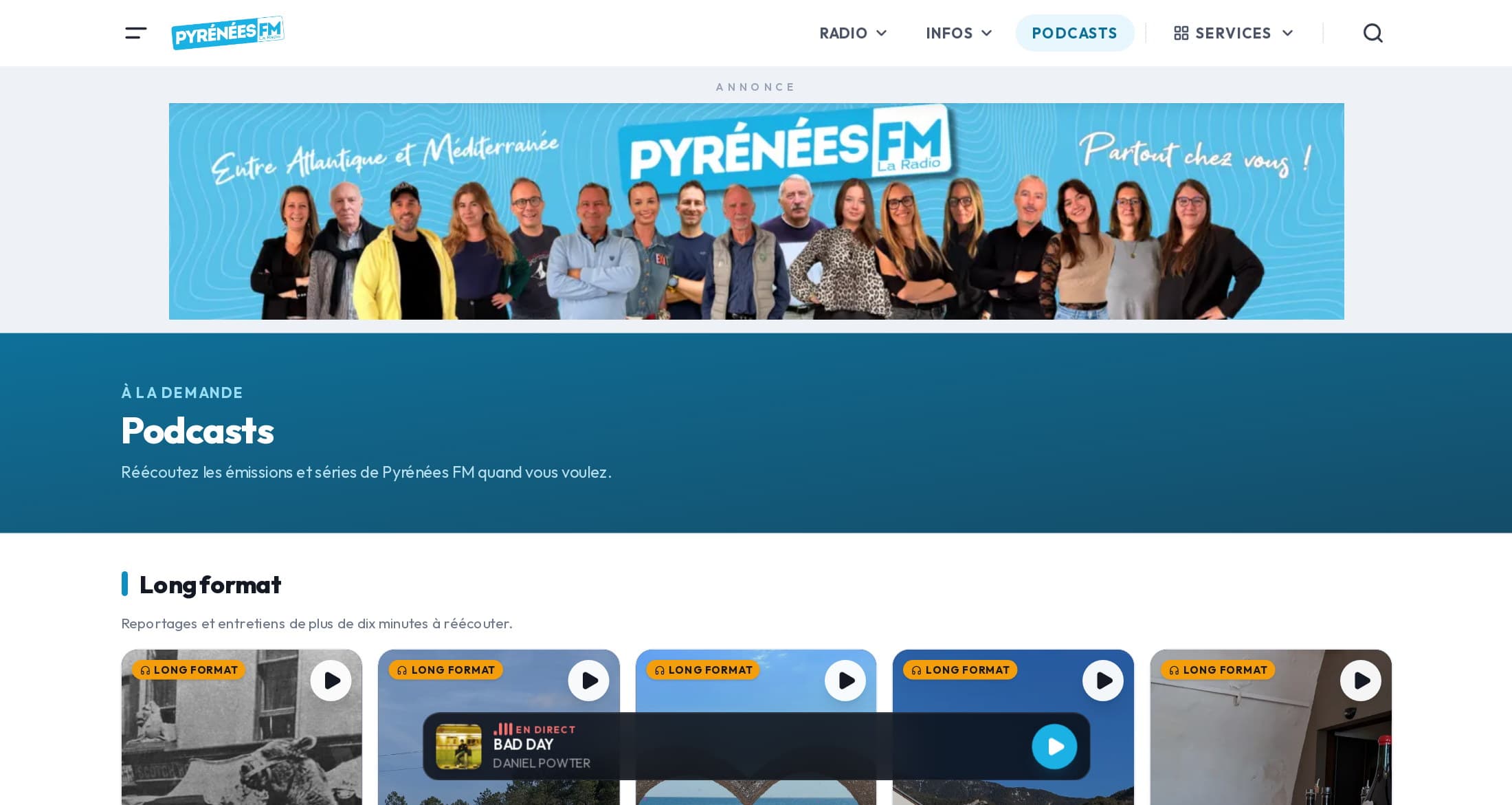 Page Podcasts de pyreneesfm.com : « Réécoutez les émissions et séries de Pyrénées FM quand vous voulez », rayon Long format