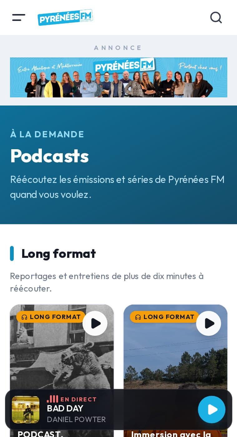 Page Podcasts sur mobile, rayon Long format