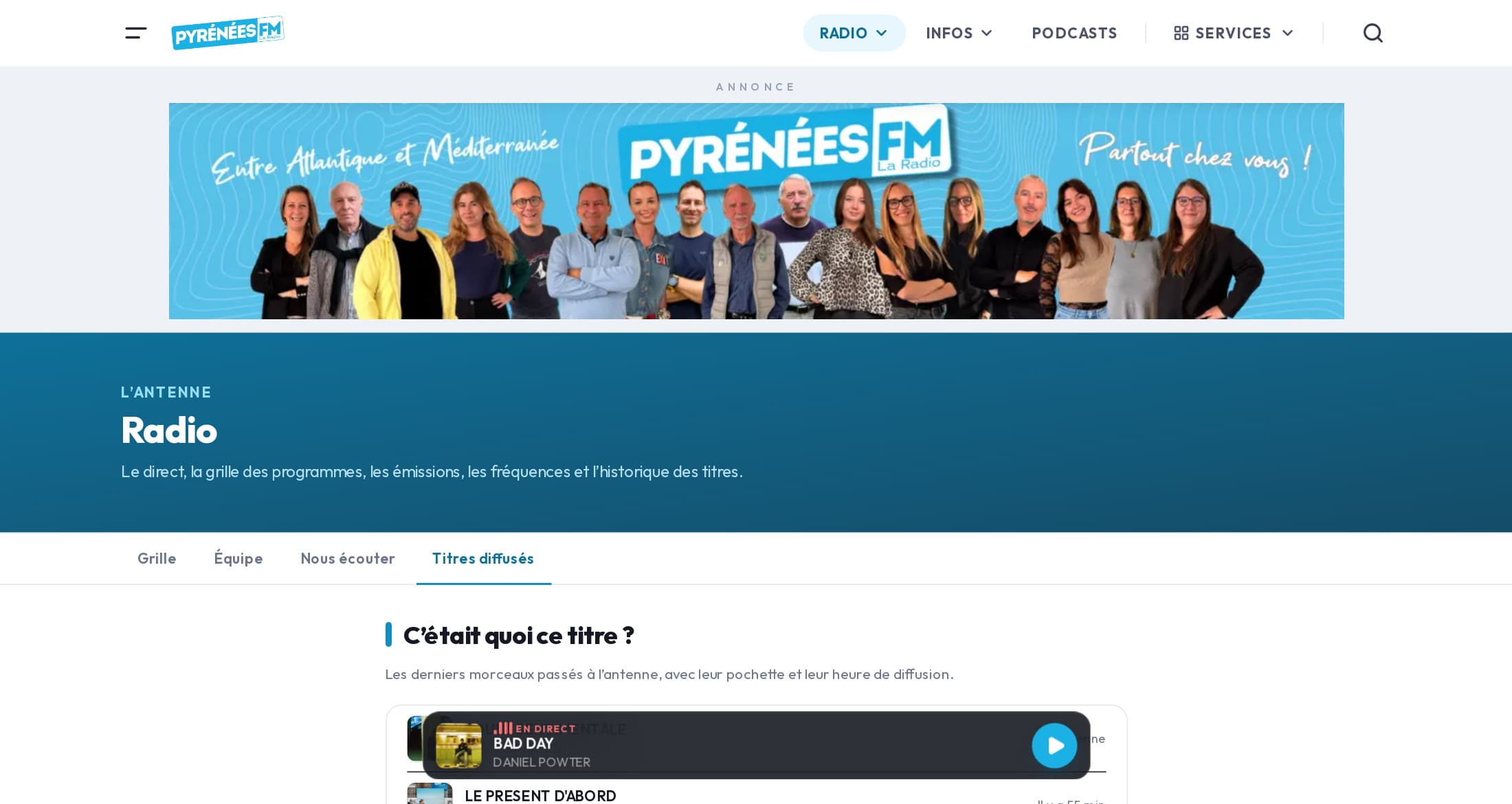 Page « C’était quoi ce titre ? » de pyreneesfm.com : les derniers morceaux passés à l’antenne, avec leur pochette et leur heure de diffusion