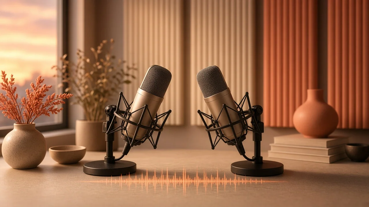 Deux microphones dans un studio de podcast chaleureux