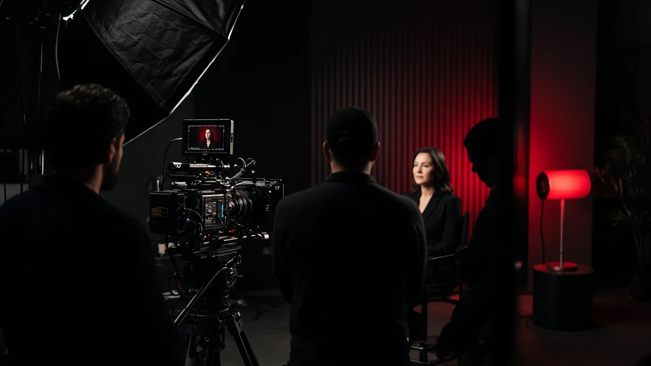 Tournage d’une interview dans un studio aux lumières rouges